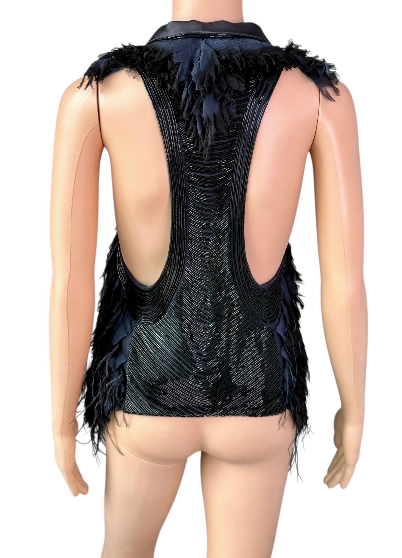 Grigio Roberto Cavalli F/W 2011 Embellished Ostrich Feather Fur Top Vest Jacket in vendita