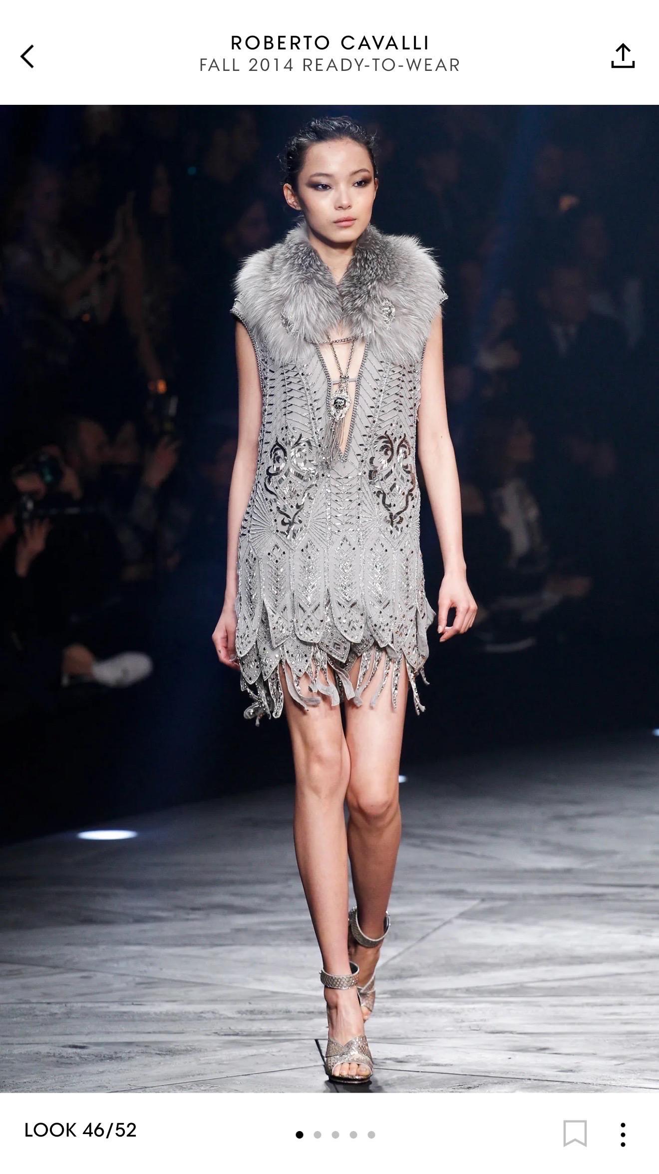 Roberto Cavalli Pasarela F/W 2014 Vestido de noche de seda con flecos embellecidos Flapper en venta 12