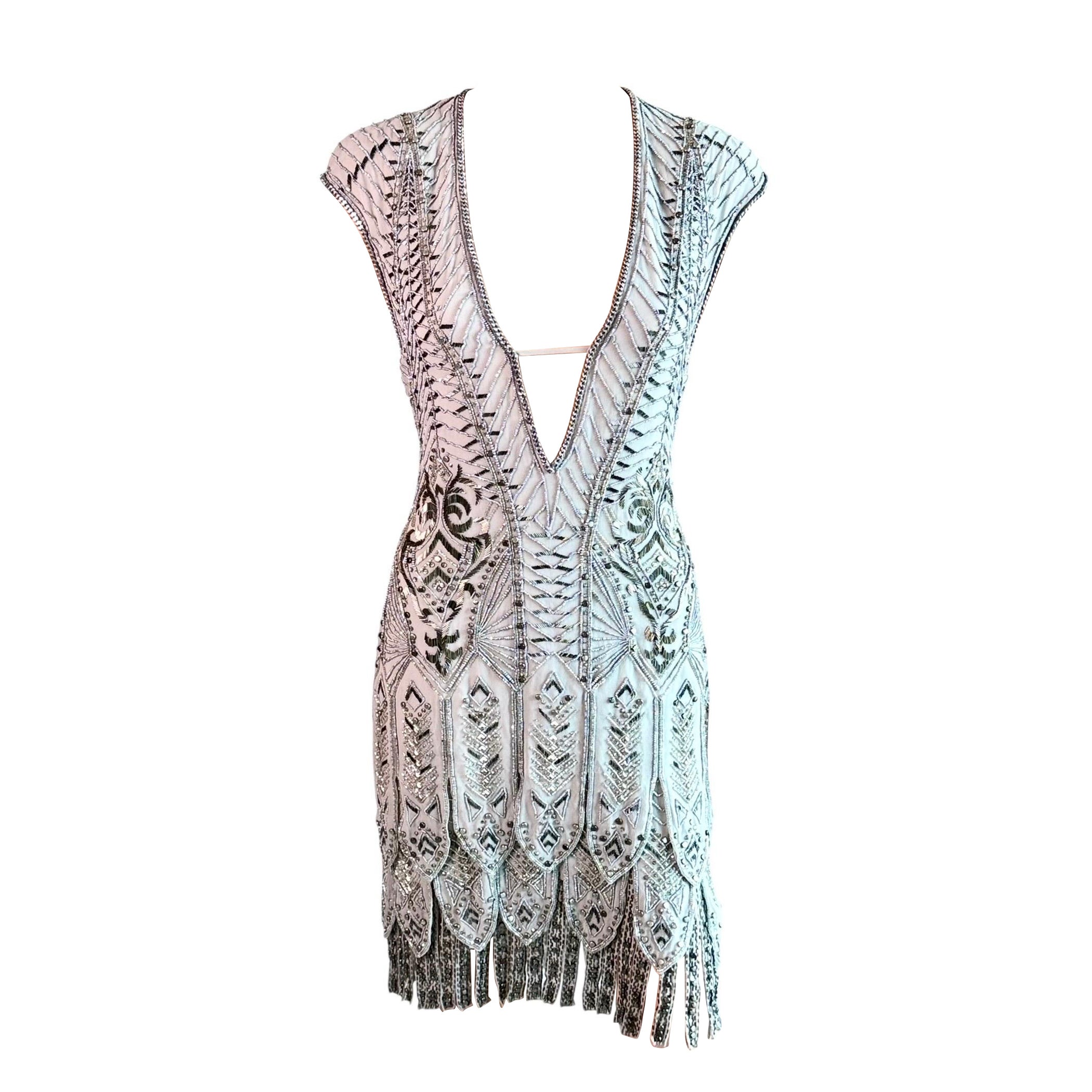Roberto Cavalli Pasarela F/W 2014 Vestido de noche de seda con flecos embellecidos Flapper en venta