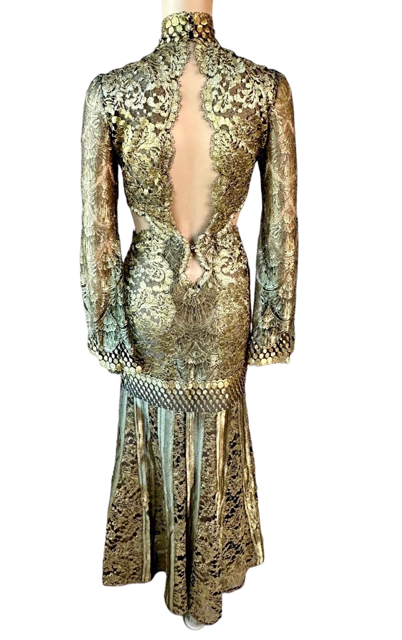 Roberto Cavalli F/W 2016 Runway Gold Sheer Lace Evening Dress Gown For Sale 5