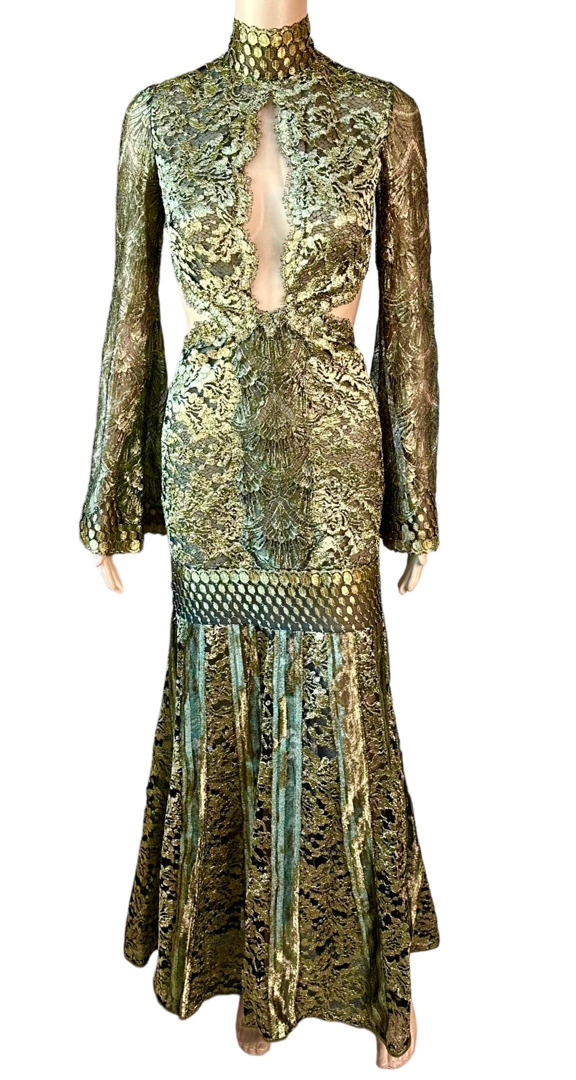 Roberto Cavalli F/W 2016 Runway Gold Sheer Lace Evening Dress Gown For Sale 6