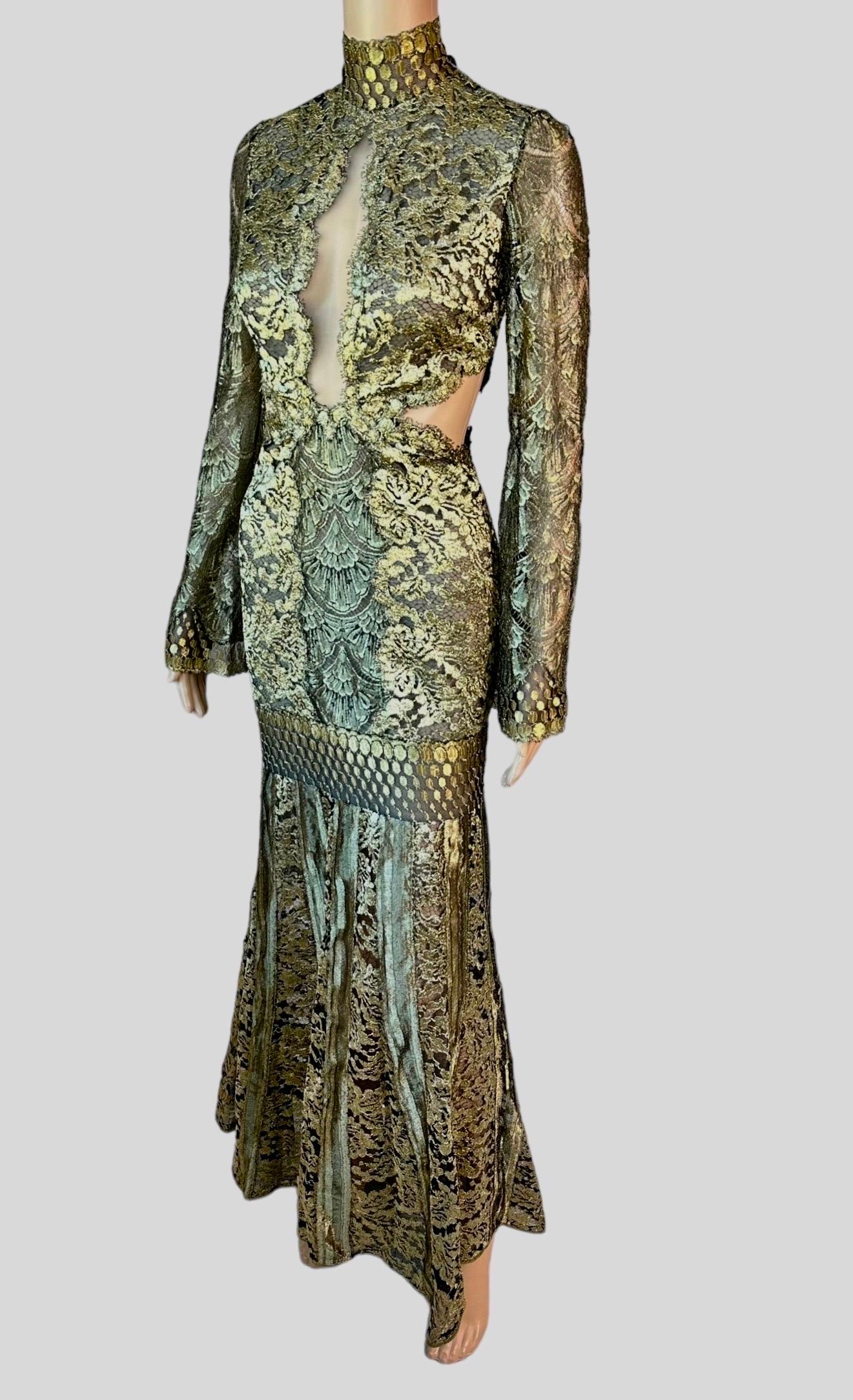 Roberto Cavalli F/W 2016 Runway Gold Sheer Lace Evening Dress Gown For Sale 7