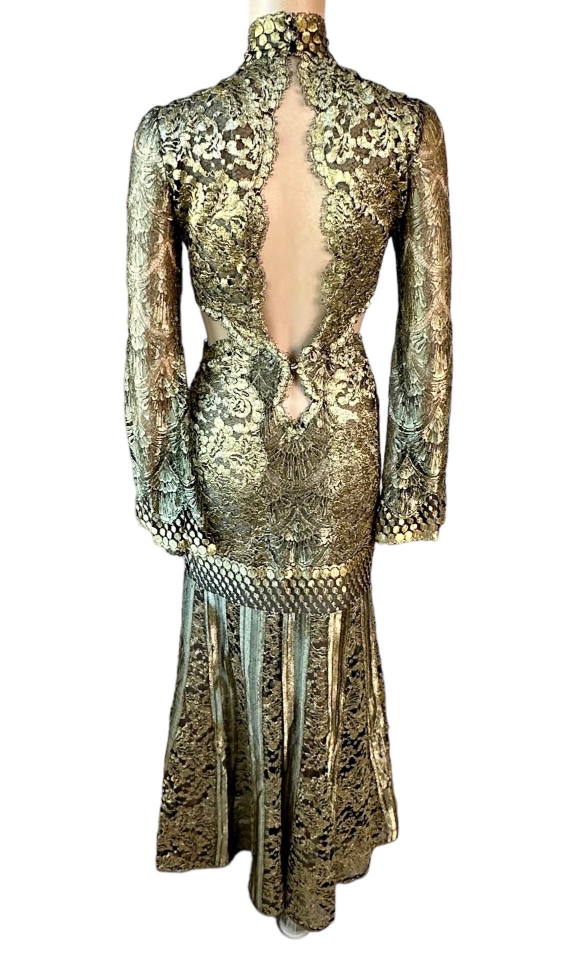 Brown Roberto Cavalli F/W 2016 Runway Gold Sheer Lace Evening Dress Gown For Sale