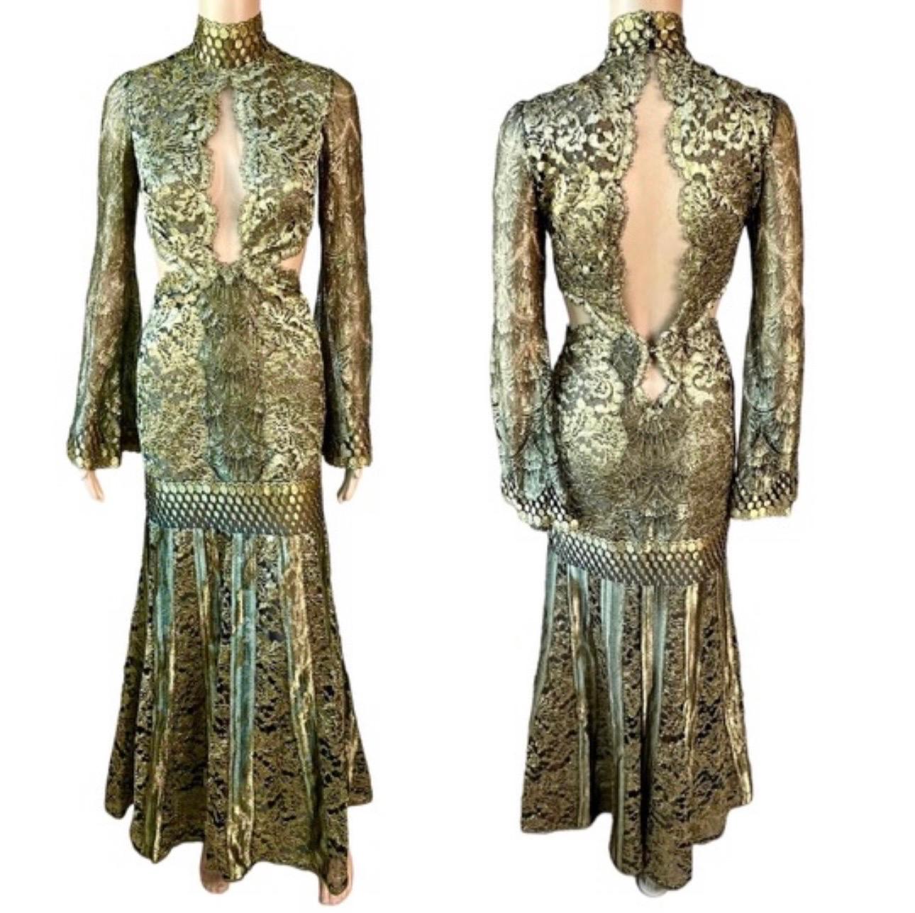 Women's Roberto Cavalli F/W 2016 Runway Gold Sheer Lace Evening Dress Gown For Sale