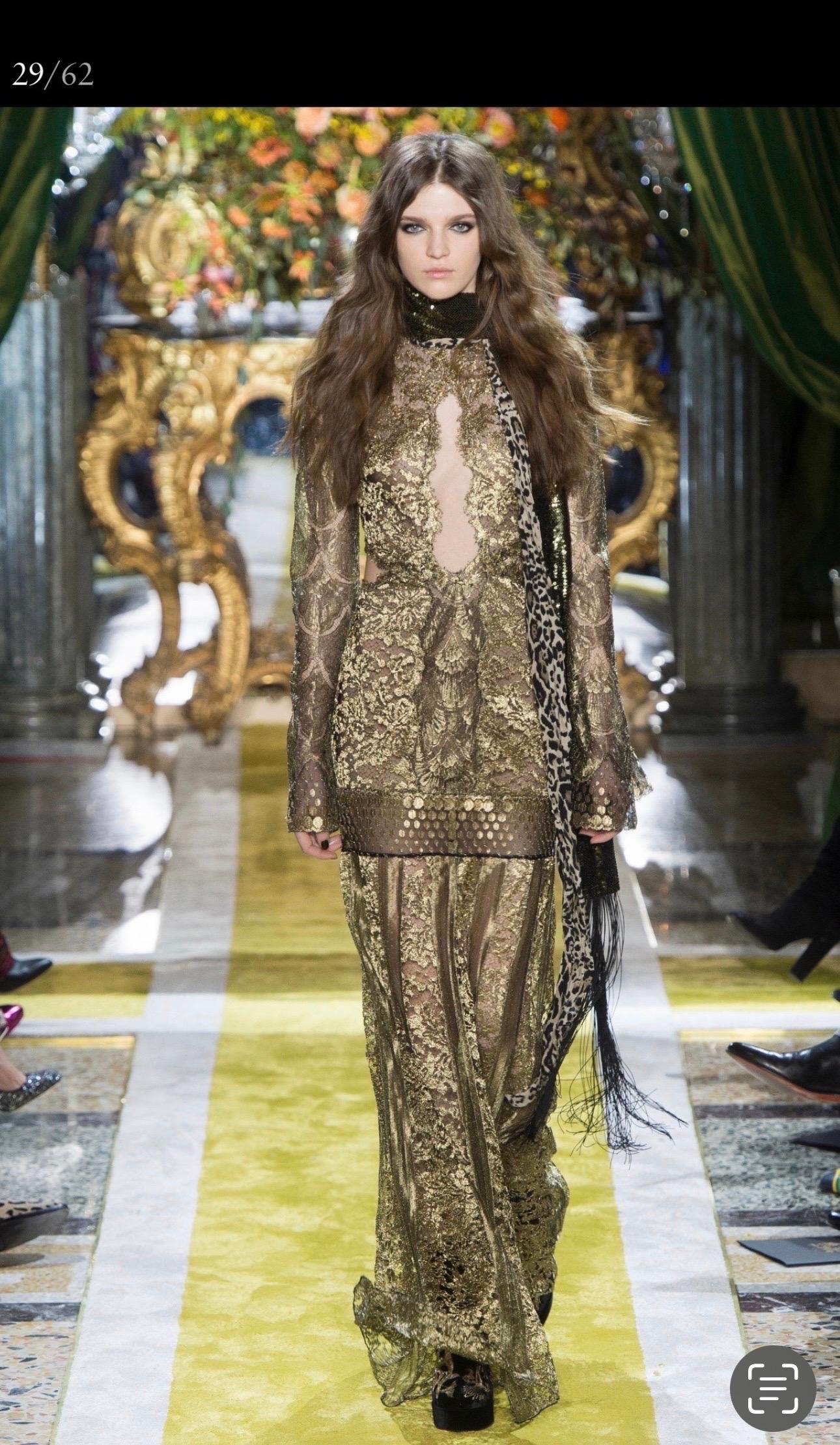 Roberto Cavalli F/W 2016 Runway Gold Sheer Lace Evening Dress Gown For Sale 3