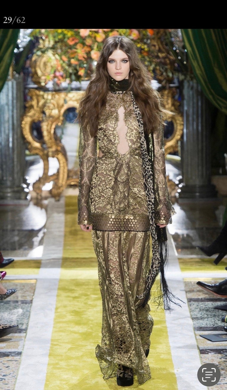 Roberto Cavalli F/W 2016 Runway Gold Sheer Lace Evening Dress Gown
