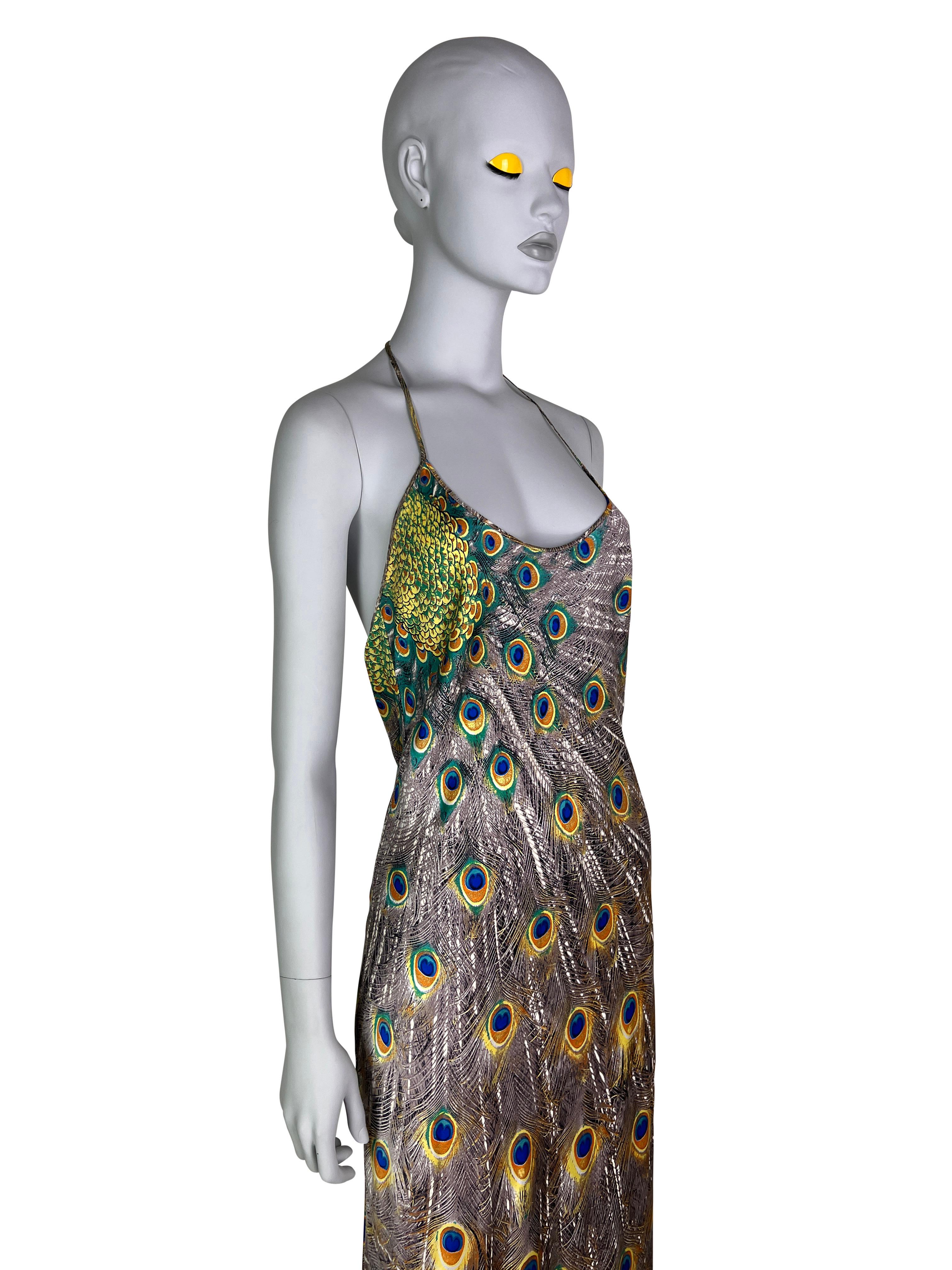 Roberto Cavalli Fall 1999 Peacock Print Bias Cut Silk Gown  In Excellent Condition For Sale In Prague, CZ