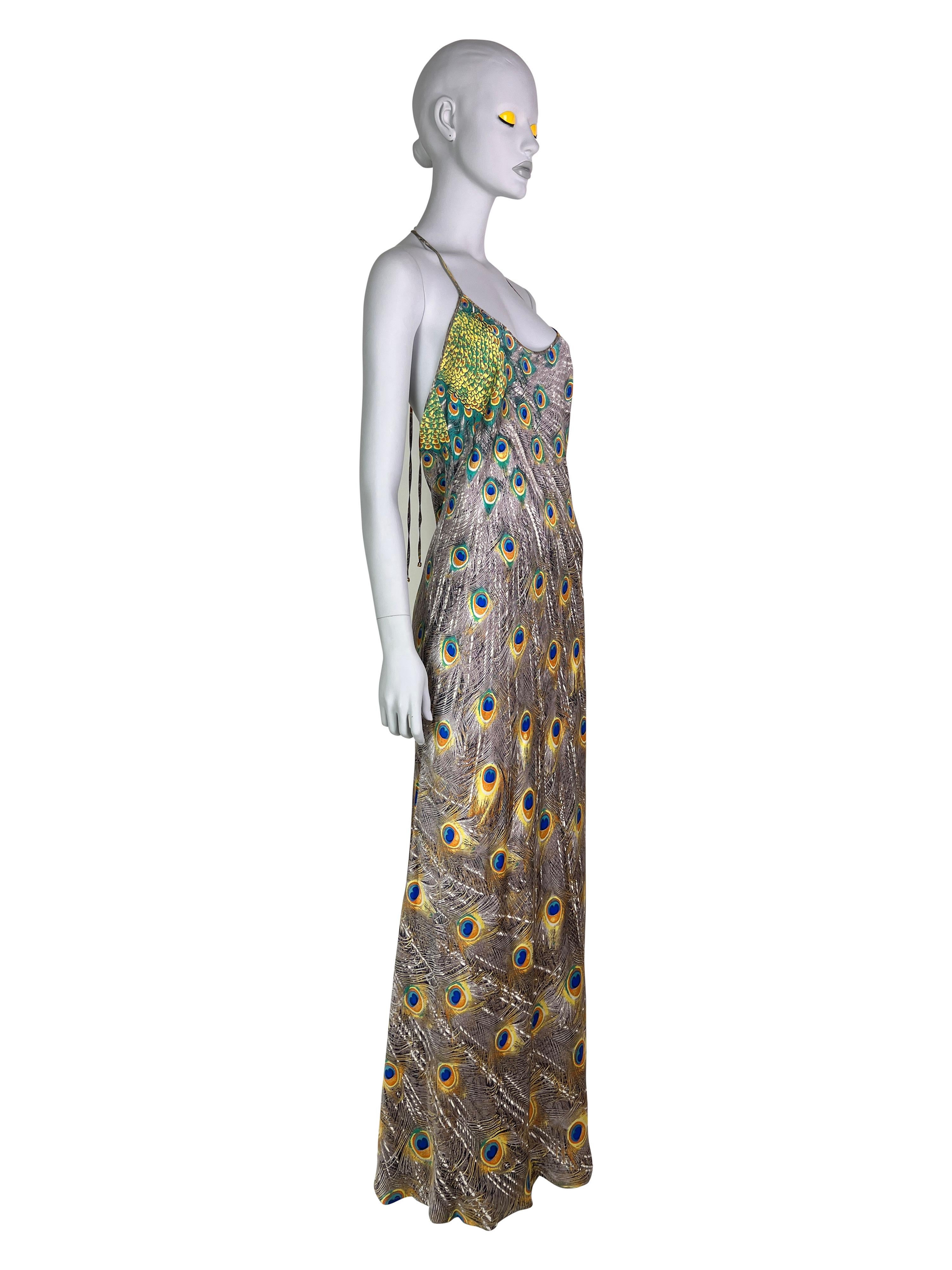Roberto Cavalli Fall 1999 Peacock Print Bias Cut Silk Gown  For Sale 3