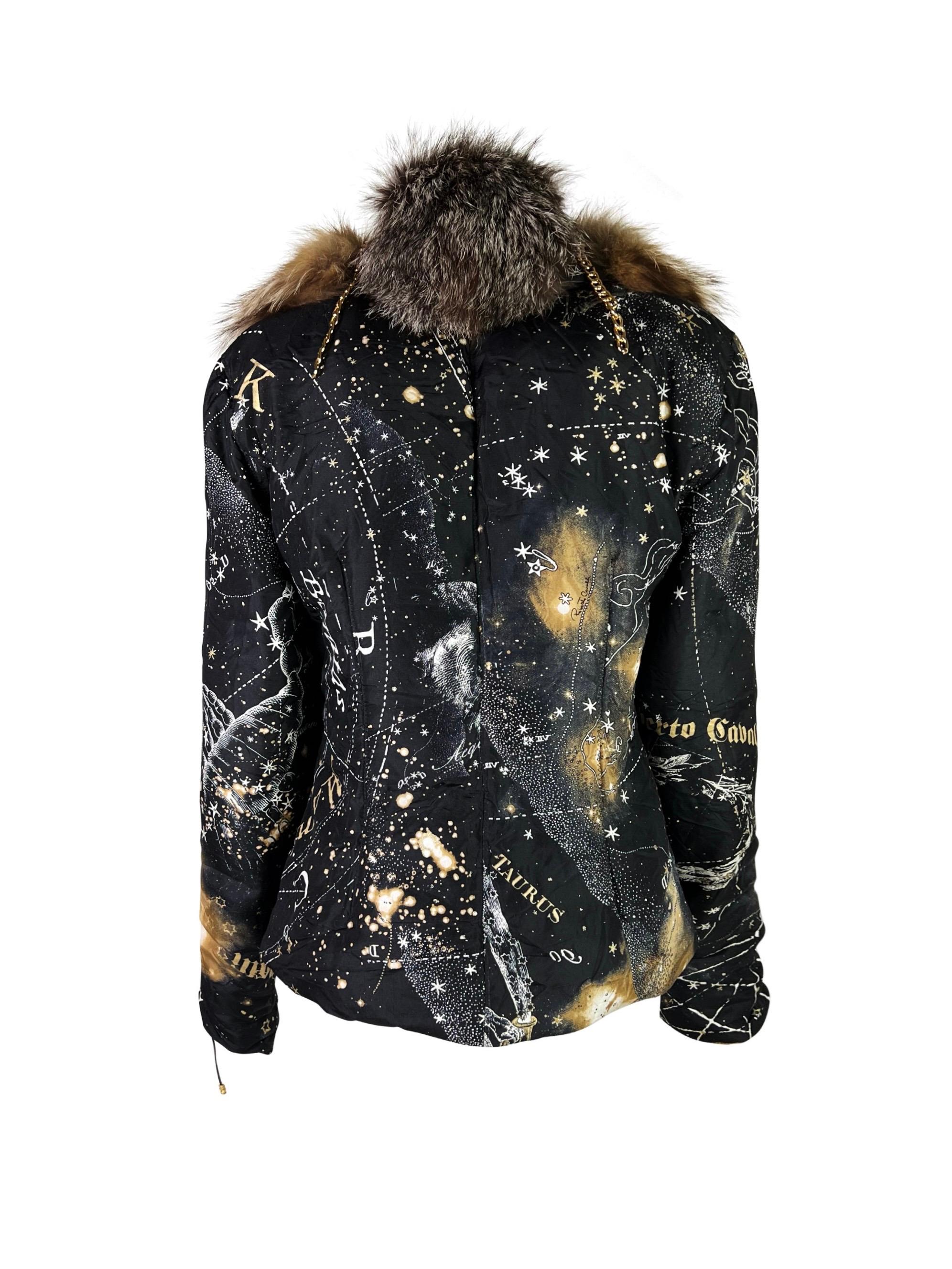 Black Roberto Cavalli Fall 2003 Constellation Silk Puffer Jacket with Fox Fur