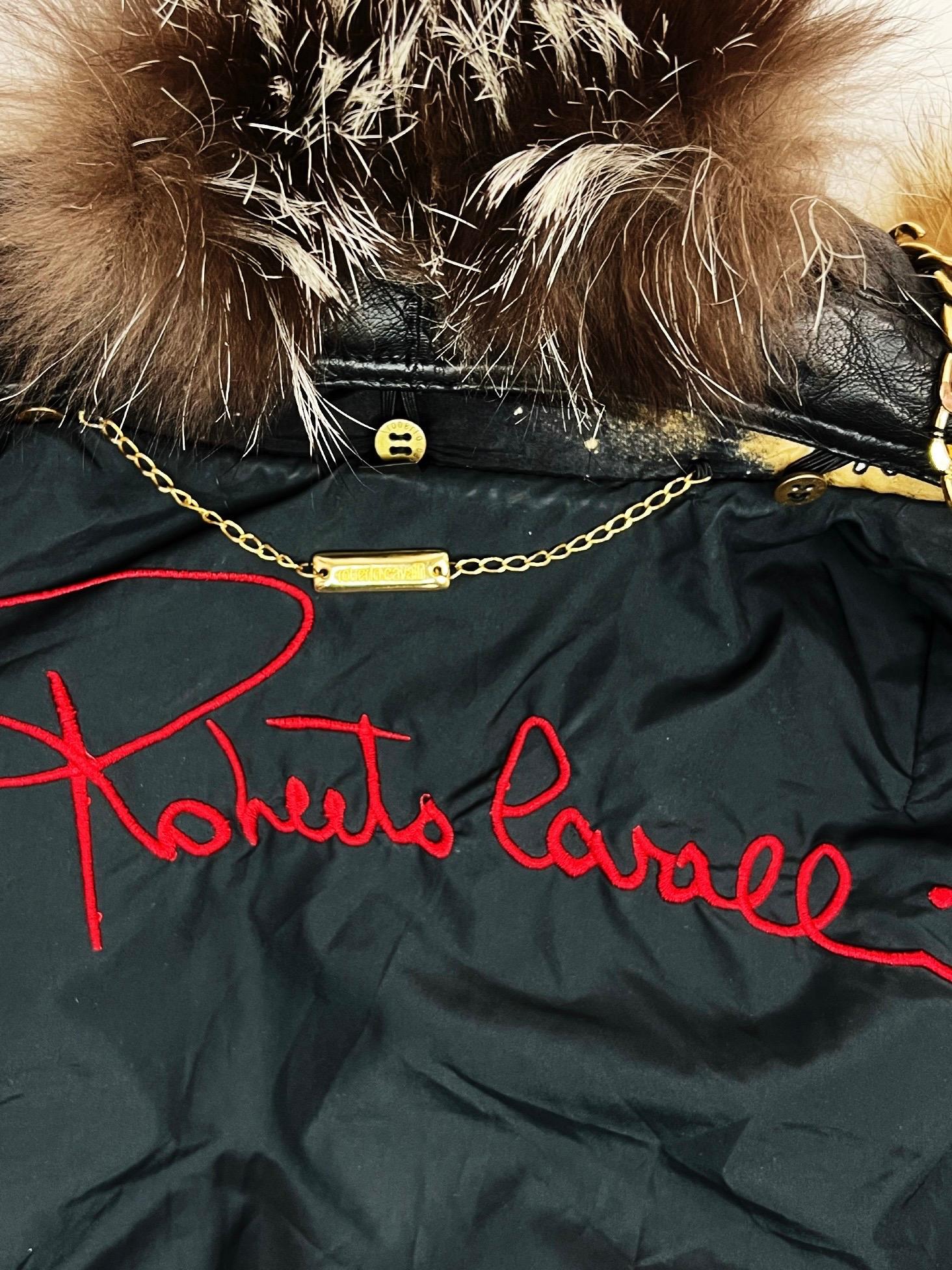 Roberto Cavalli Fall 2003 Constellation Silk Puffer Jacket with Fox Fur In Excellent Condition In Prague, CZ