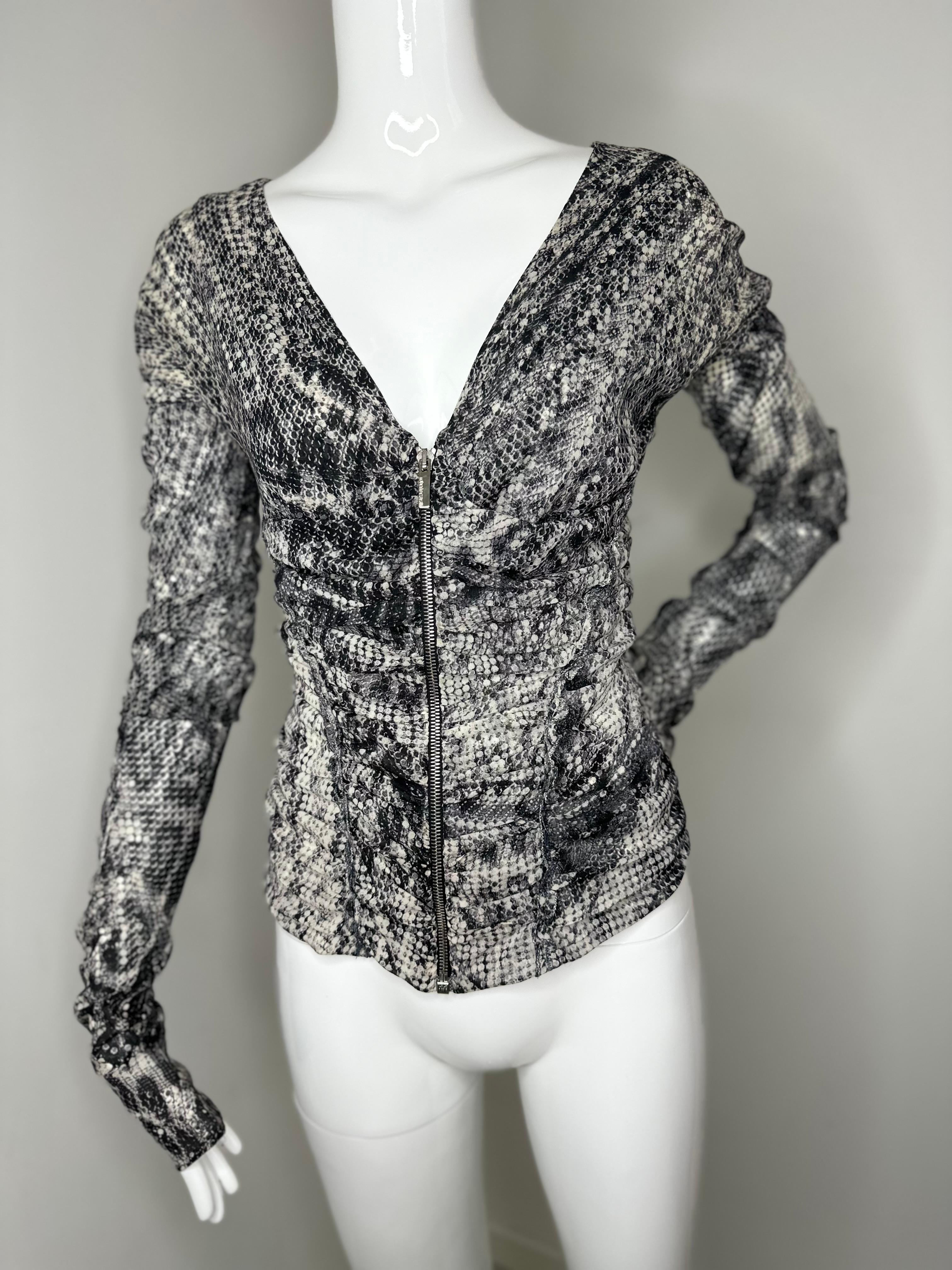 Roberto Cavalli 2003 silver tone printed silk zip up top/jacket 
Corset style hugs the figure. (No boning) 
Size M fits more like S 
Good vintage condition with normal signs of wear and age