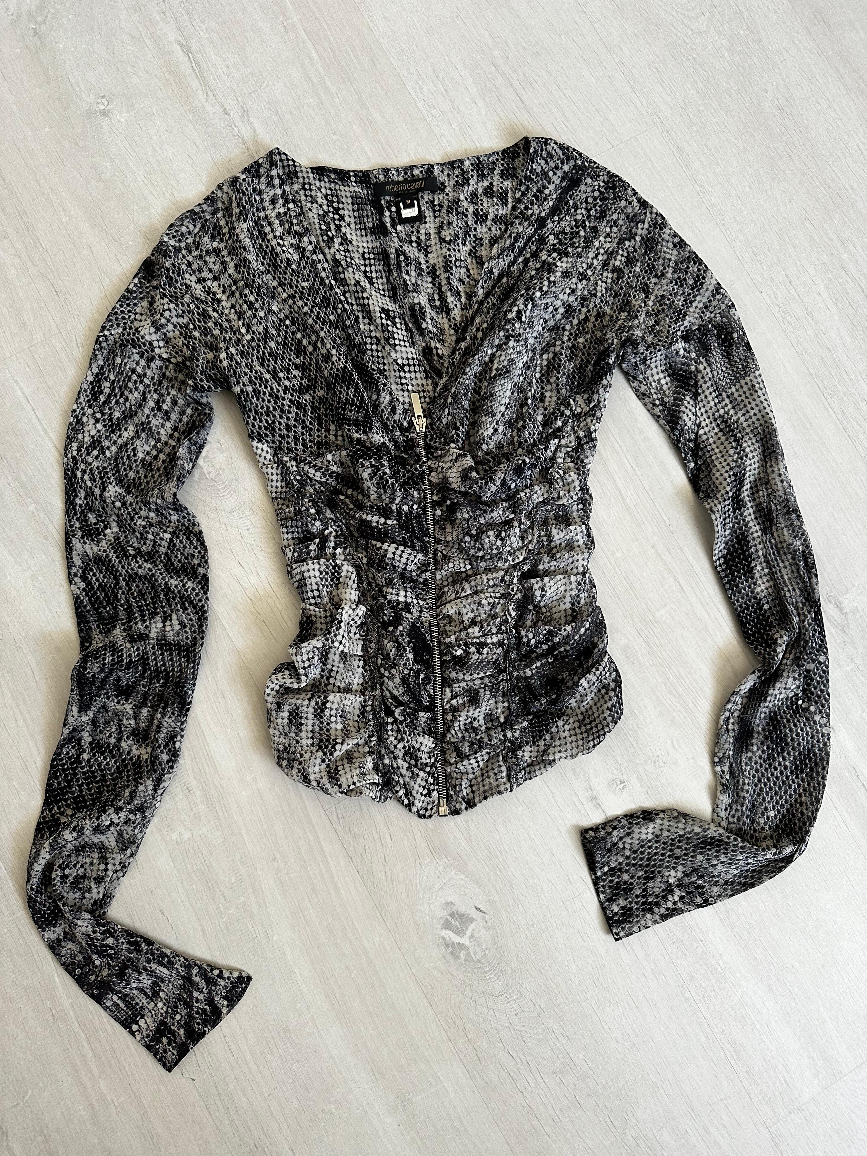 Roberto Cavalli Fall 2003 silk corset style silver zip up jacket In Good Condition In North Miami, FL
