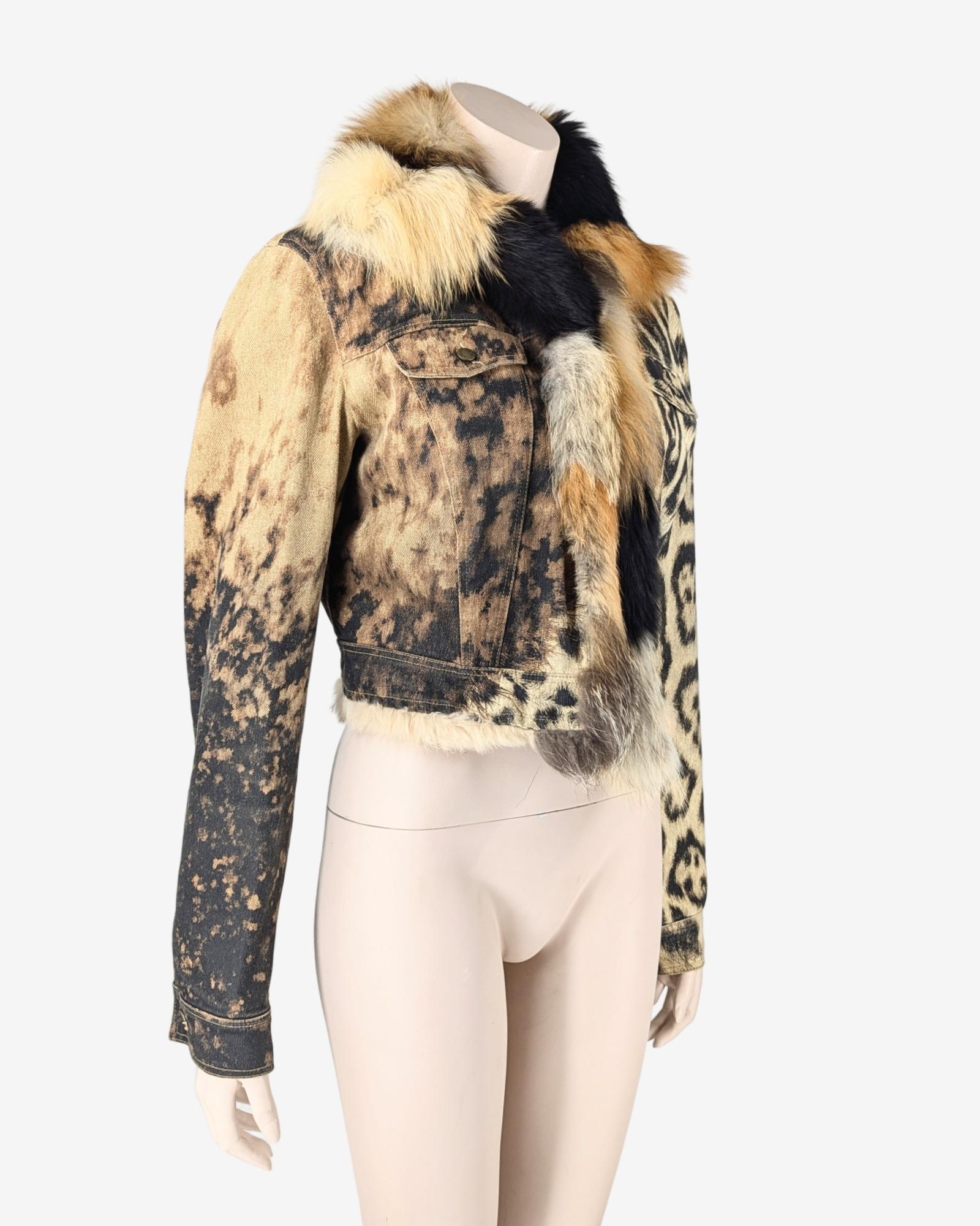 Beige Roberto Cavalli - Giacca di pelliccia stampata in denim Autunno/Inverno 2001 in vendita