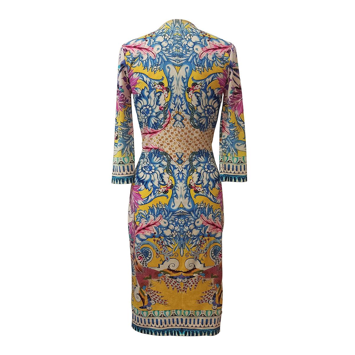 Beautiful Roberto Cavalli dress
Fabric and size tags removed
Elastic fabric
Multicolor fancy
3/4 sleeves
V neck
Golden metal application
Total length cm 105 (41,33 inches) 
Shoulders cm 34 (13,38 inches)
Worldwide express shipping included in the