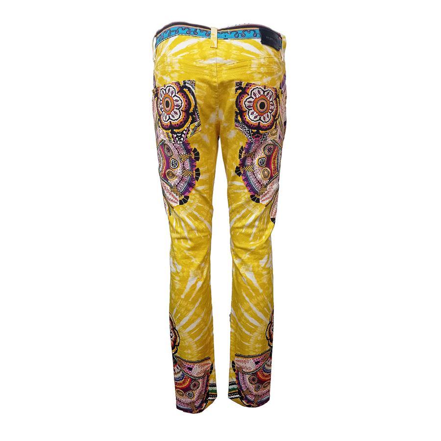 Denim, slightly stretch Fancy print Multicolored on yellow base 5 pockets Length cm 98 (38,5 inches) Waist cm 40 (15,7 inches) 170/80A

