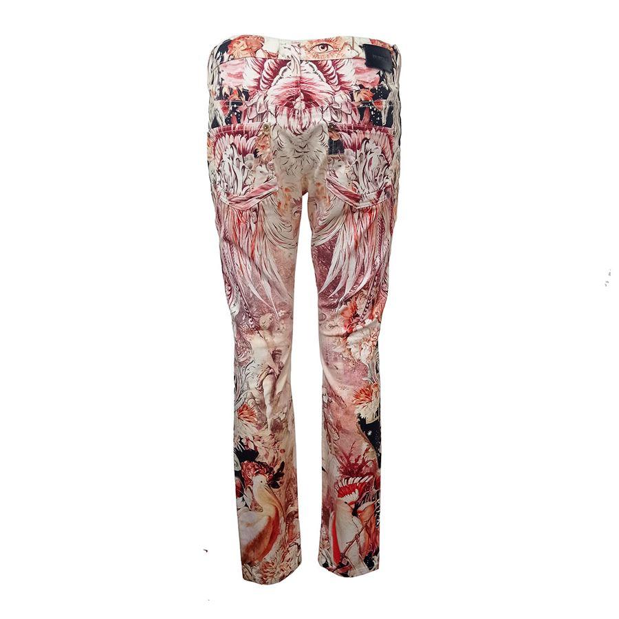 Denim, slightly stretch Fancy print Multicolored on pink base 5 pockets Length cm 98 (38,5 inches) Waist cm 40 (15,7 inches) 170/80A
