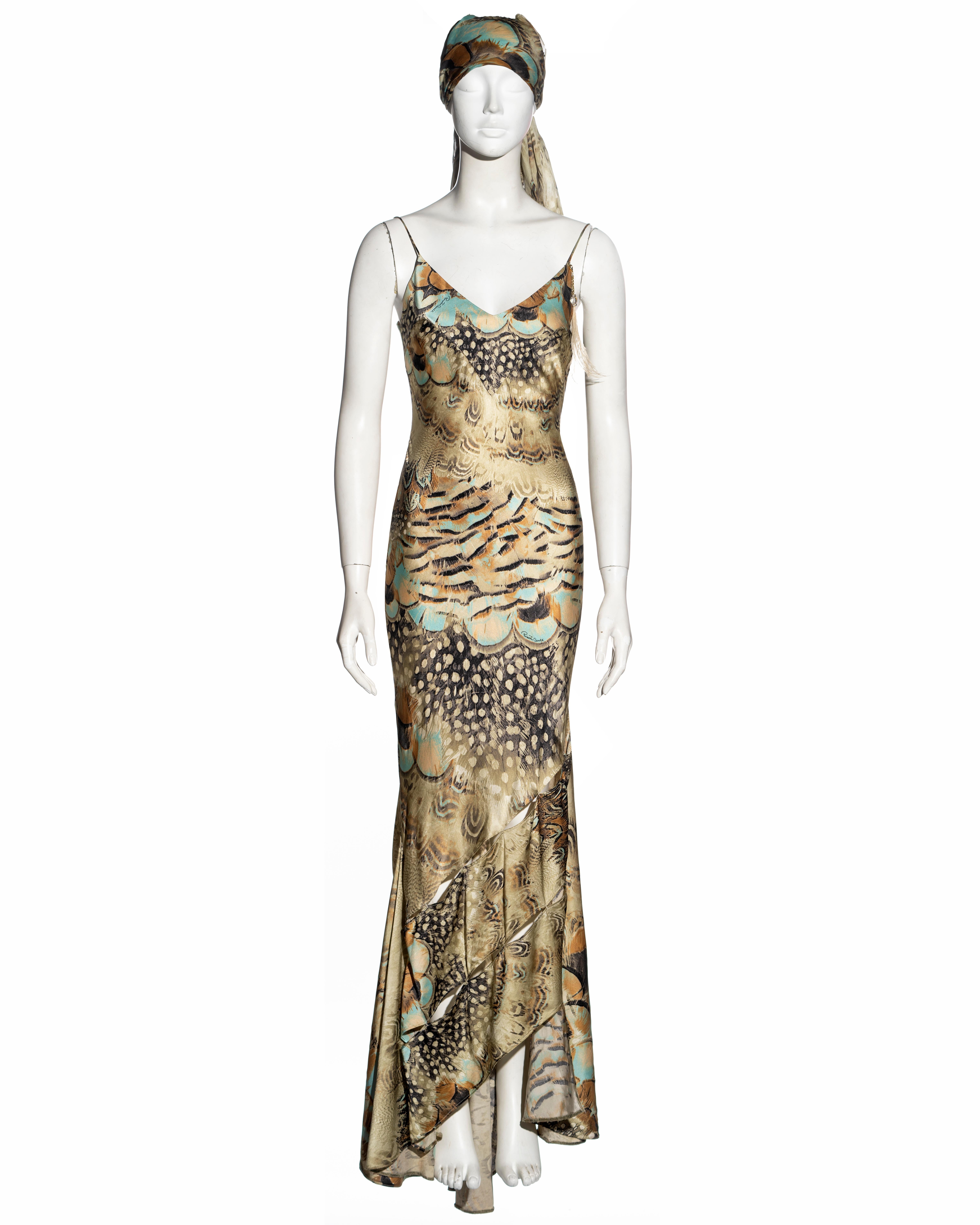 Roberto Cavalli feather print bias-cut silk evening dress and scarf, ss 2004 In Excellent Condition In London, GB