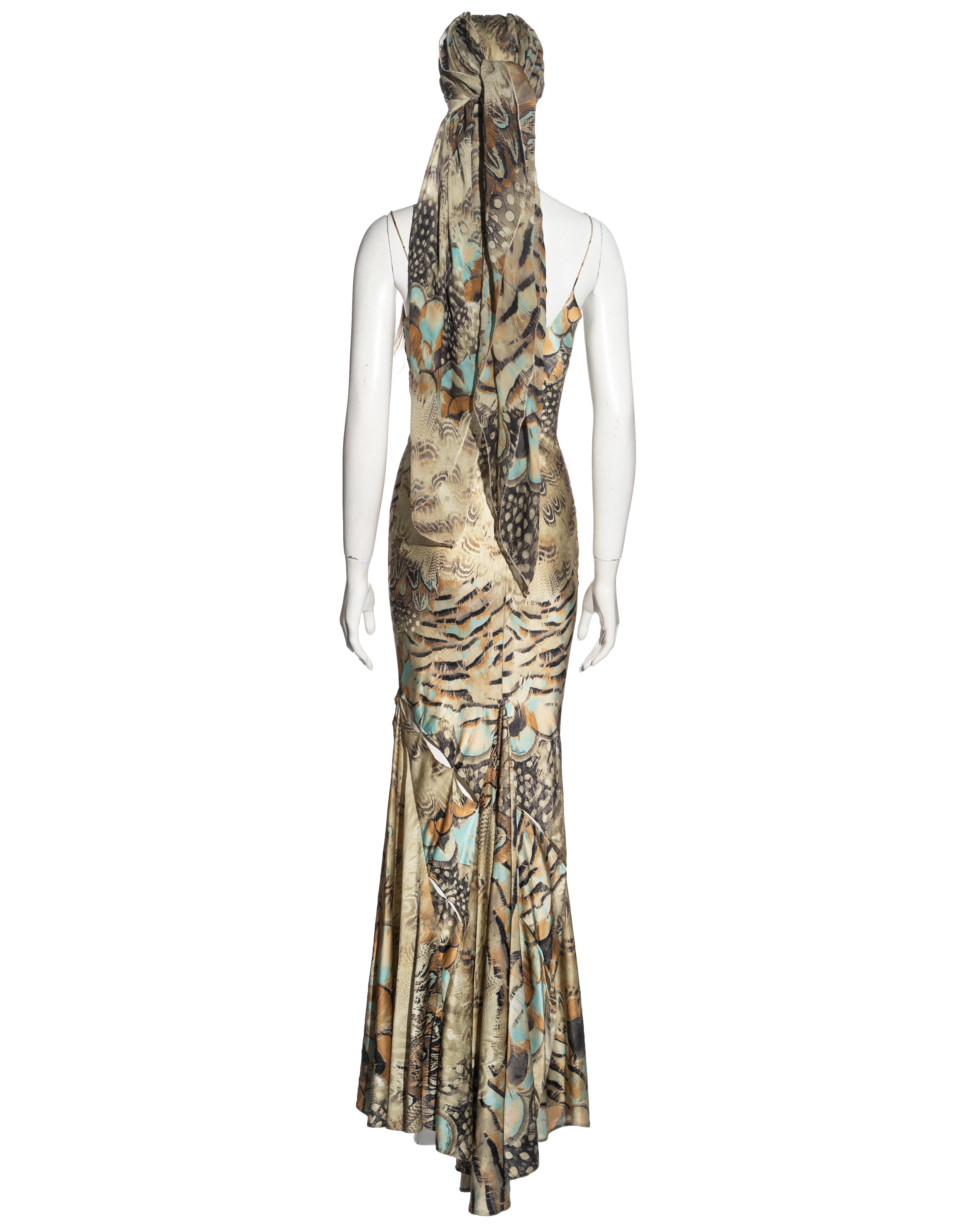 Roberto Cavalli feather print bias-cut silk evening dress and scarf, ss 2004 5