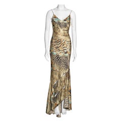 Roberto Cavalli feather print bias-cut silk evening dress and scarf, ss 2004
