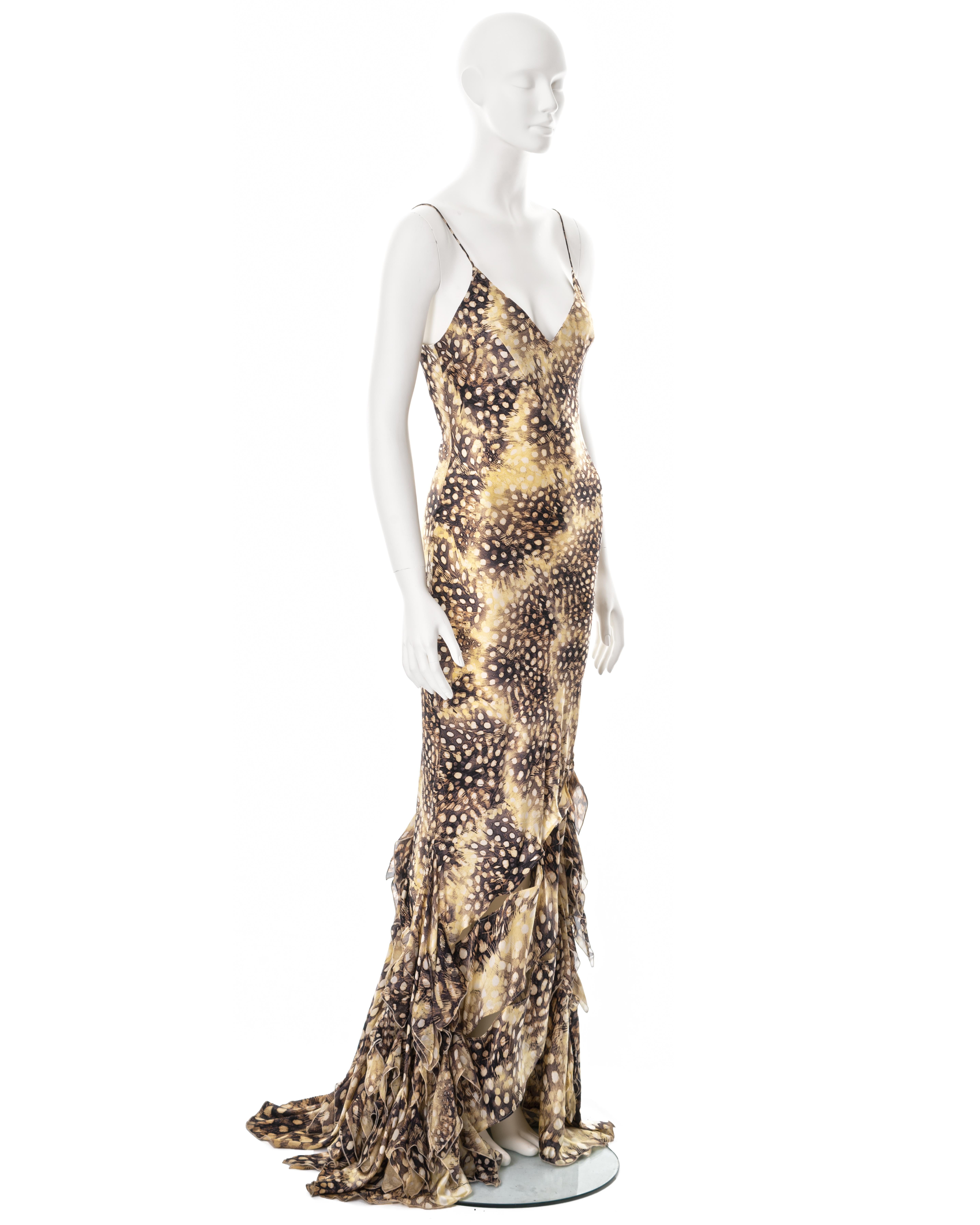 Roberto Cavalli feather print bias-cut silk evening dress with train, ss 2004 In Excellent Condition For Sale In London, GB