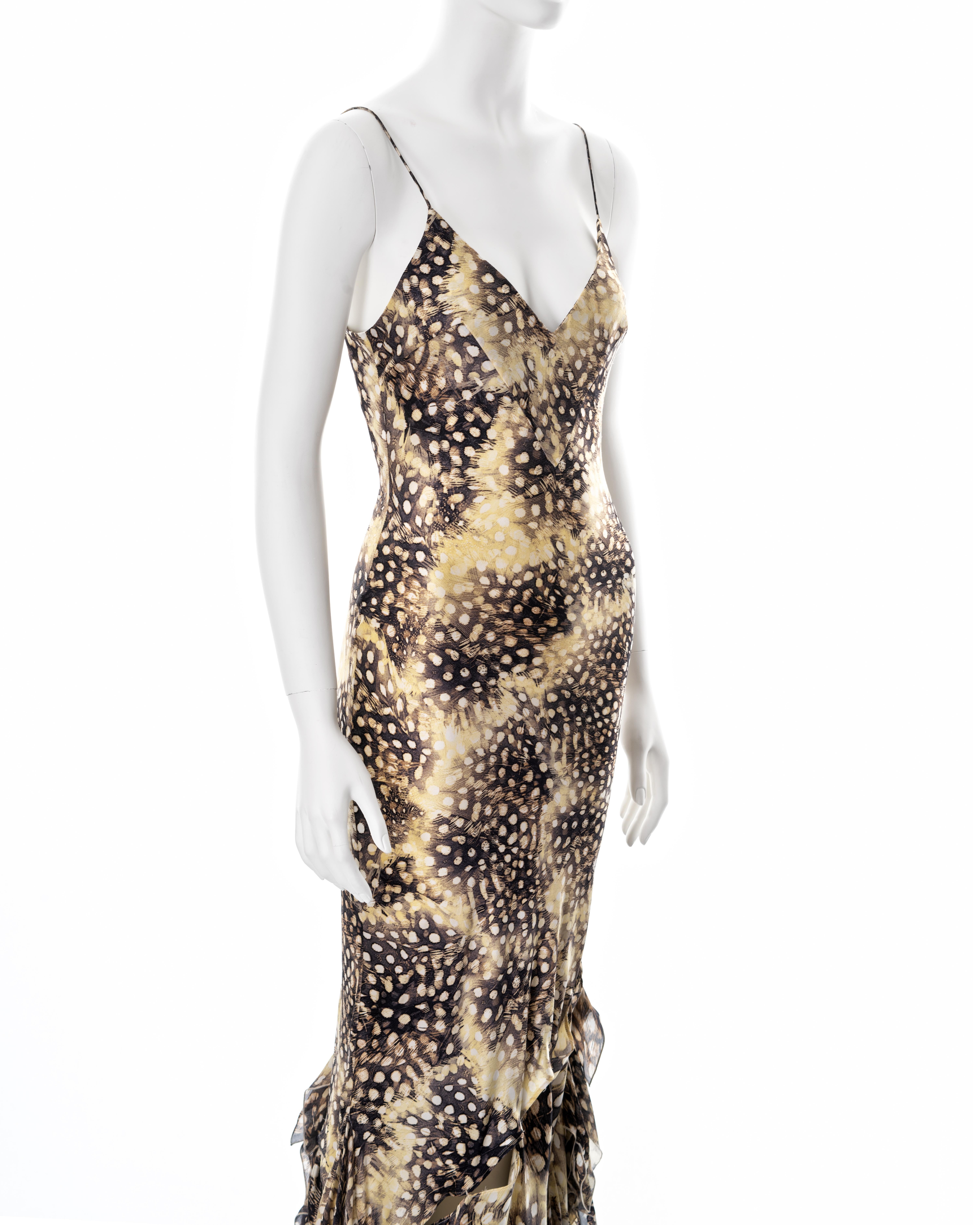 Women's Roberto Cavalli feather print bias-cut silk evening dress with train, ss 2004 For Sale