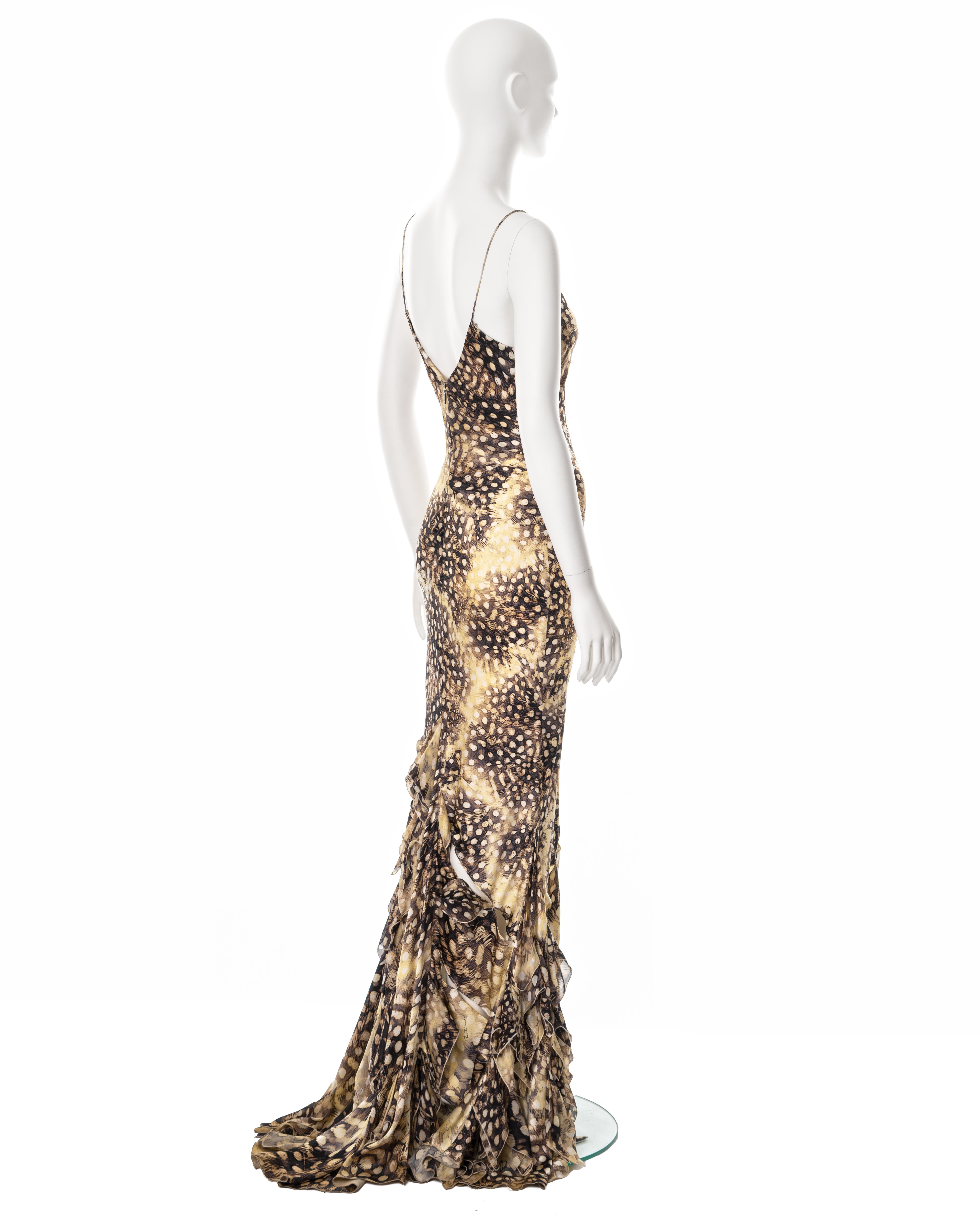 Roberto Cavalli feather print bias-cut silk evening dress with train, ss 2004 1