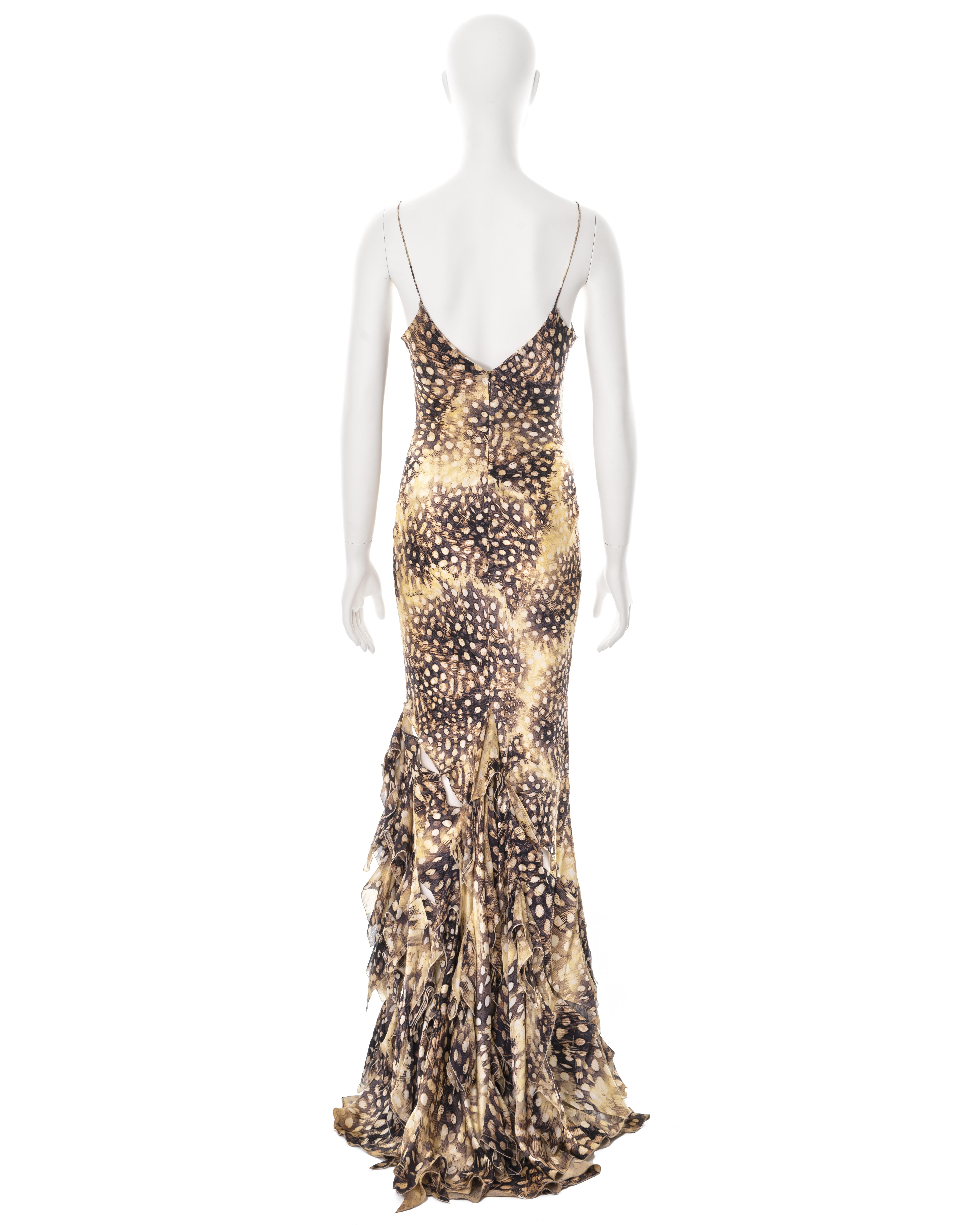 Roberto Cavalli feather print bias-cut silk evening dress with train, ss 2004 2