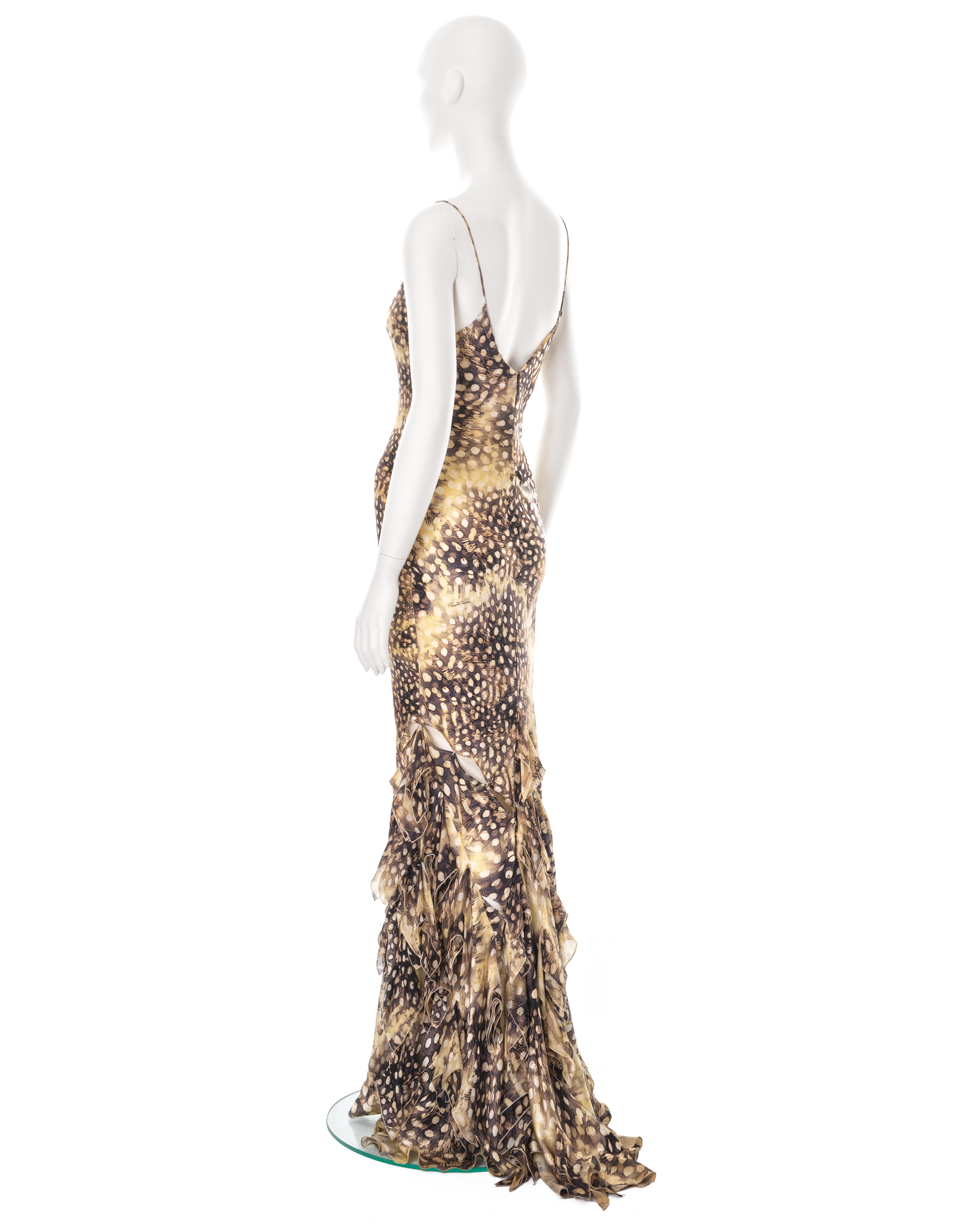 Roberto Cavalli feather print bias-cut silk evening dress with train, ss 2004 3