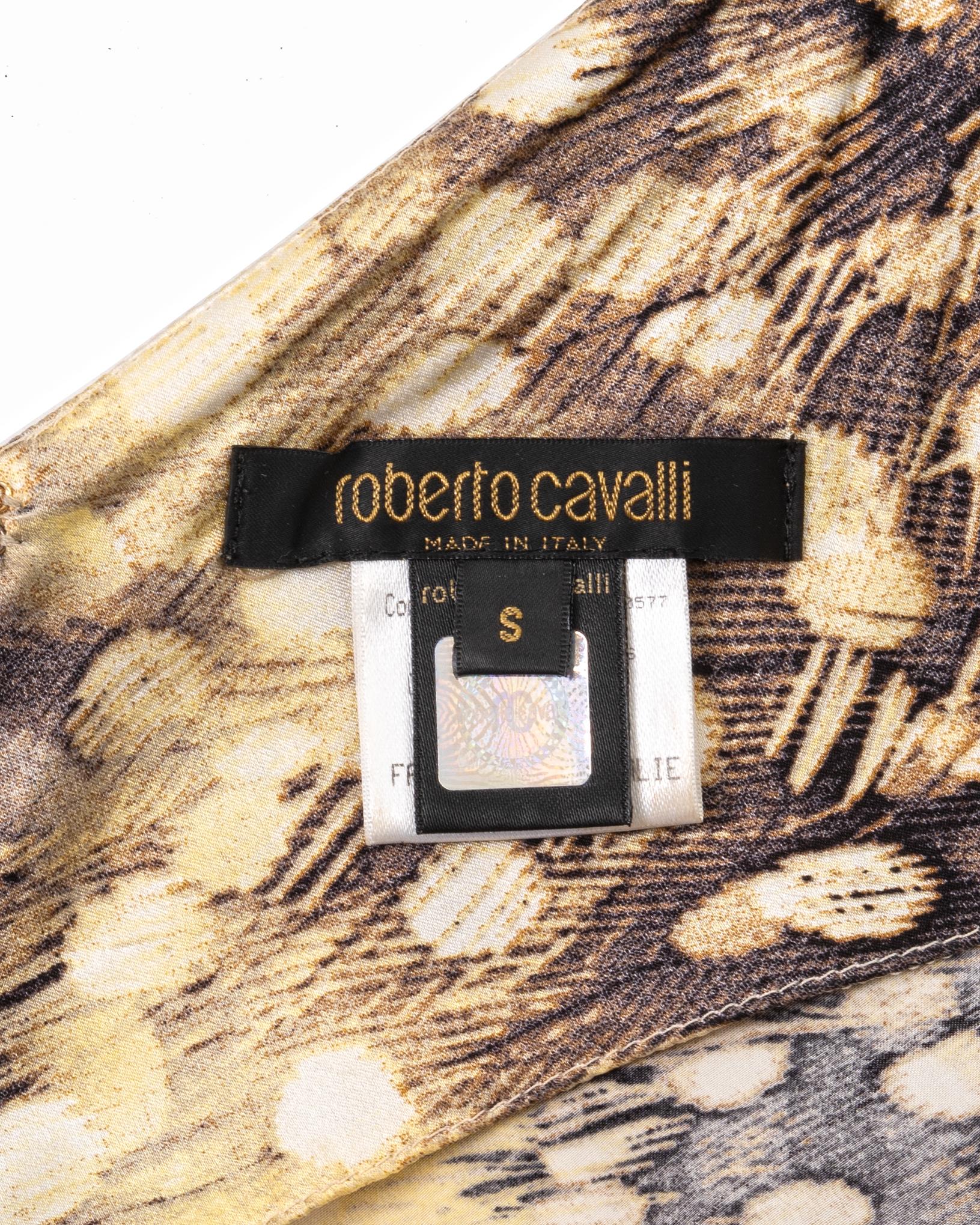 Roberto Cavalli feather print bias-cut silk evening dress with train, ss 2004 4