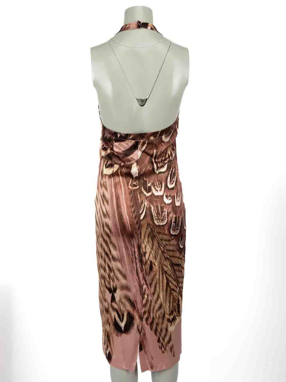 Brown Roberto Cavalli Feather Print Silk Midi Dress Size S