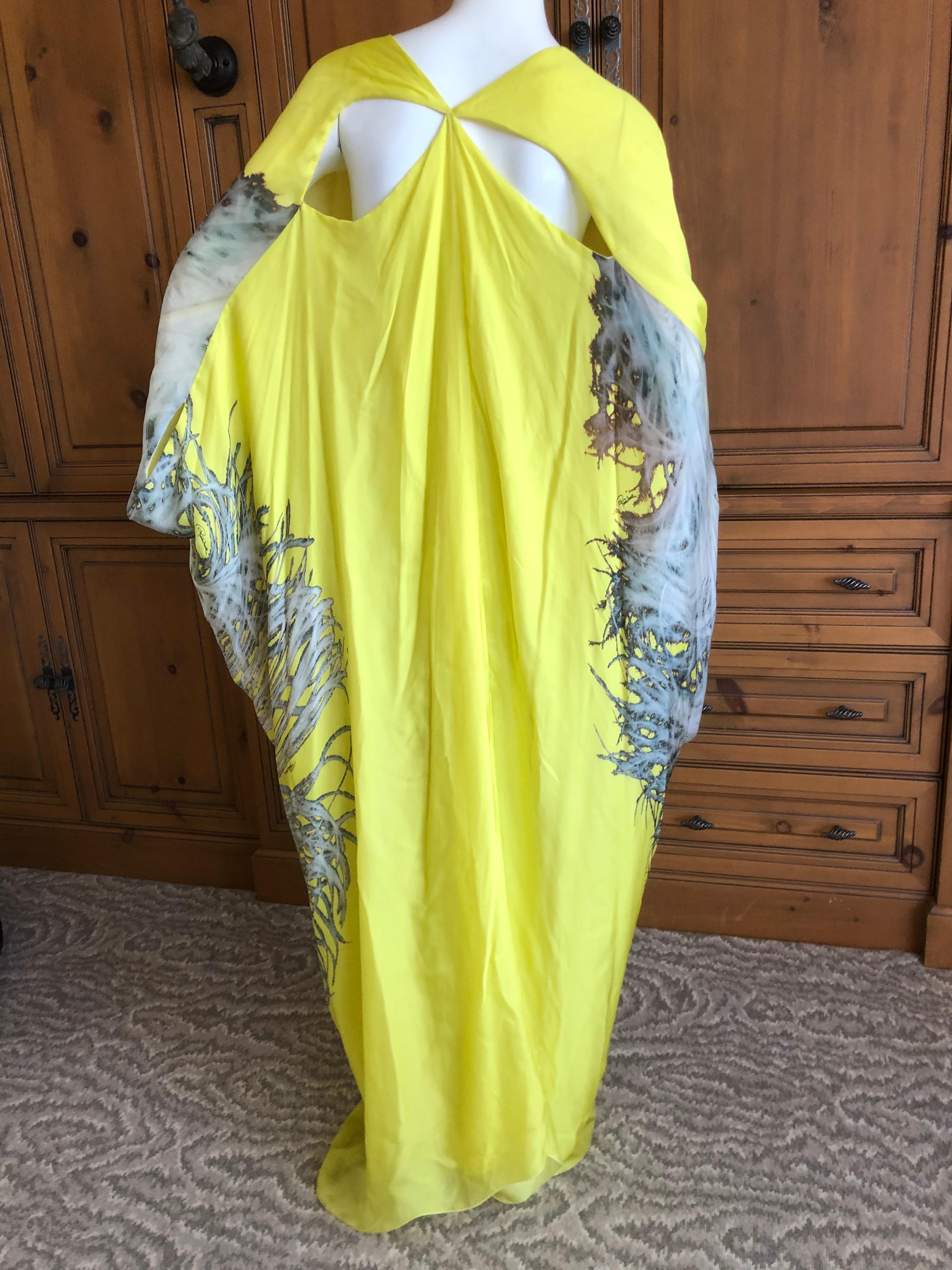 Roberto Cavalli Feather Print Yellow Silk Caftan Dress  For Sale 5