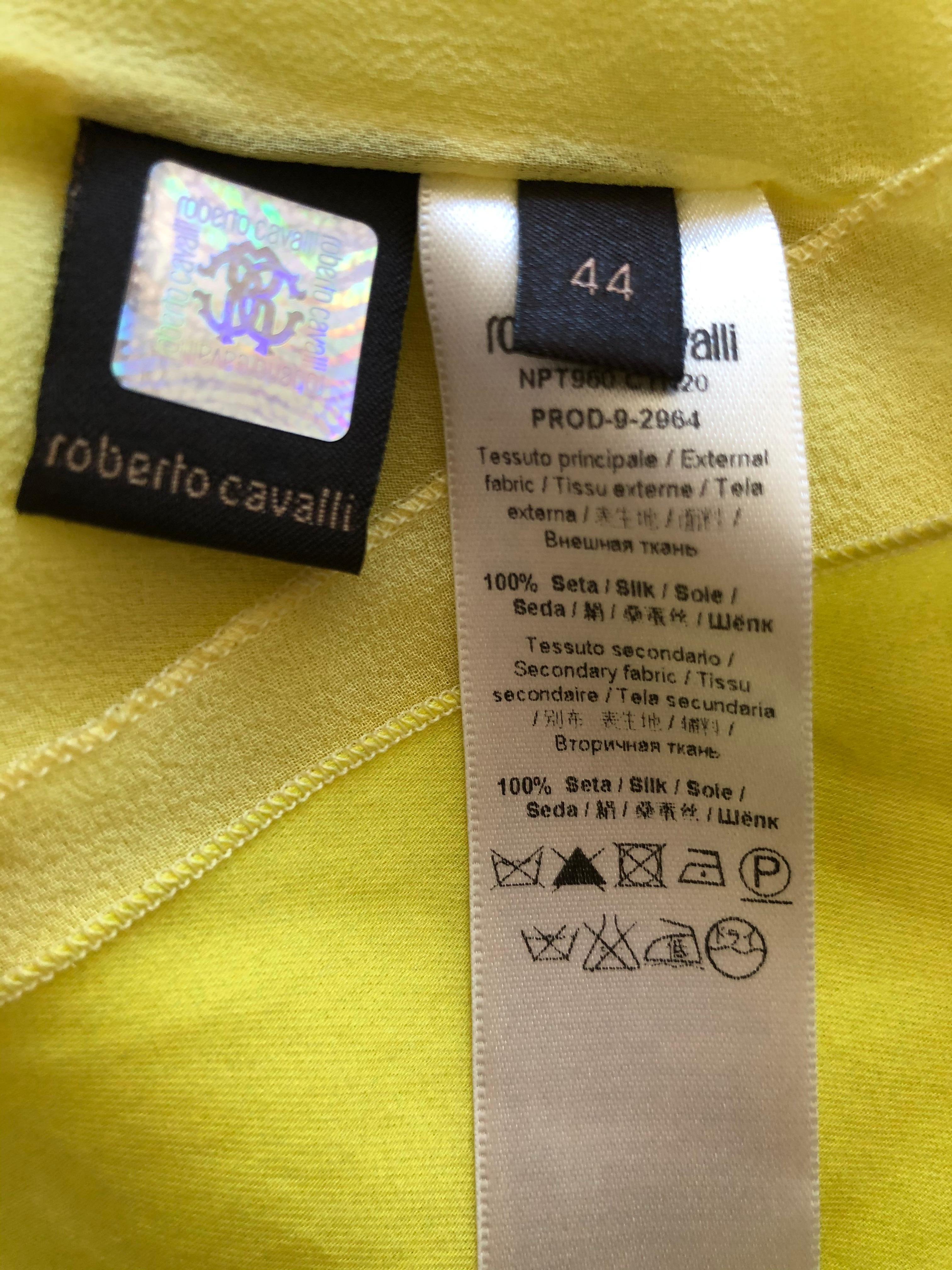 Roberto Cavalli Feather Print Yellow Silk Caftan Dress  For Sale 6