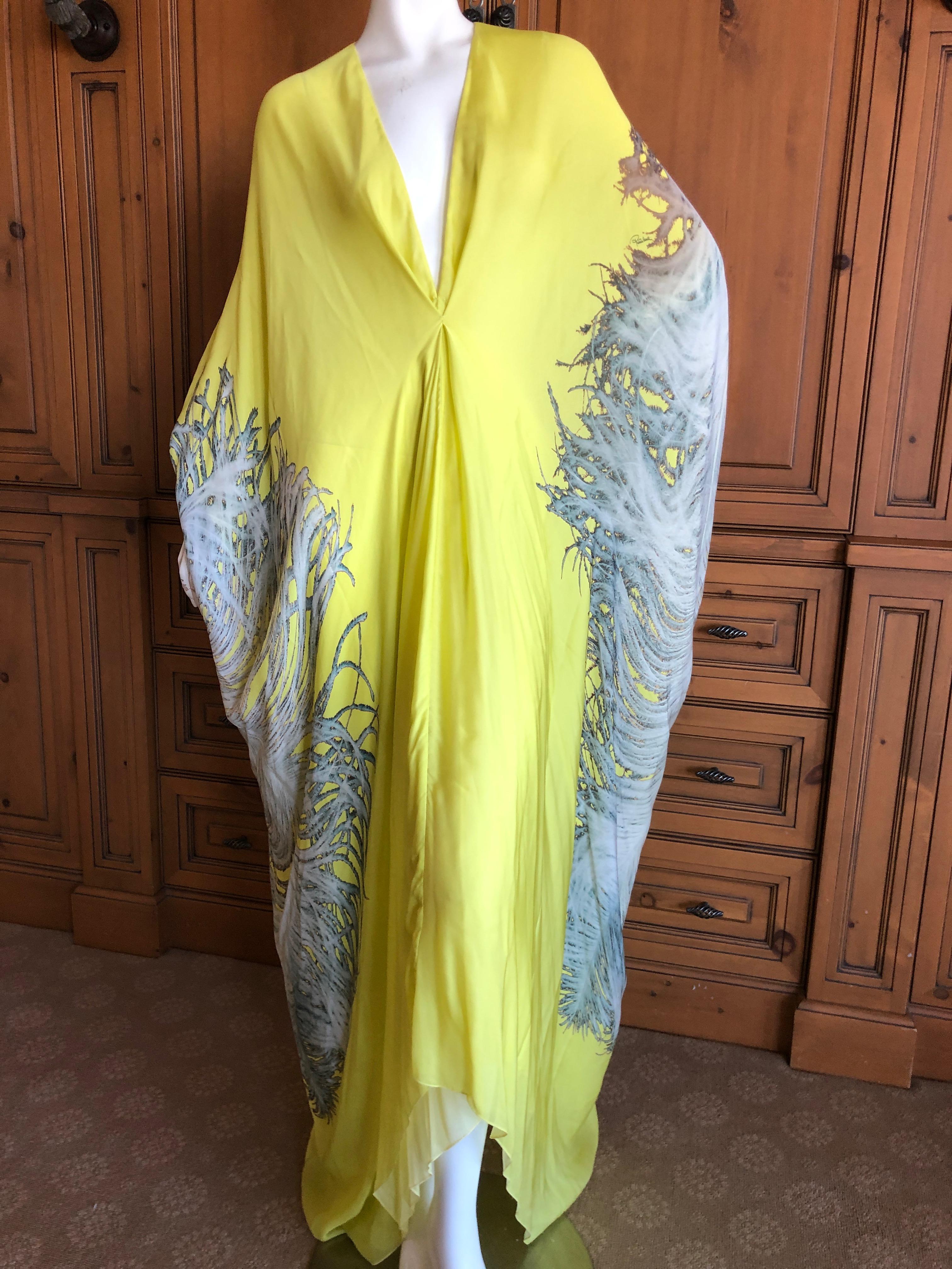 Roberto Cavalli Feather Print Yellow Silk Caftan Dress 
This is long in the back, shorter in front.
One size fits most, very voluminous.
Size 44
 Bust 40