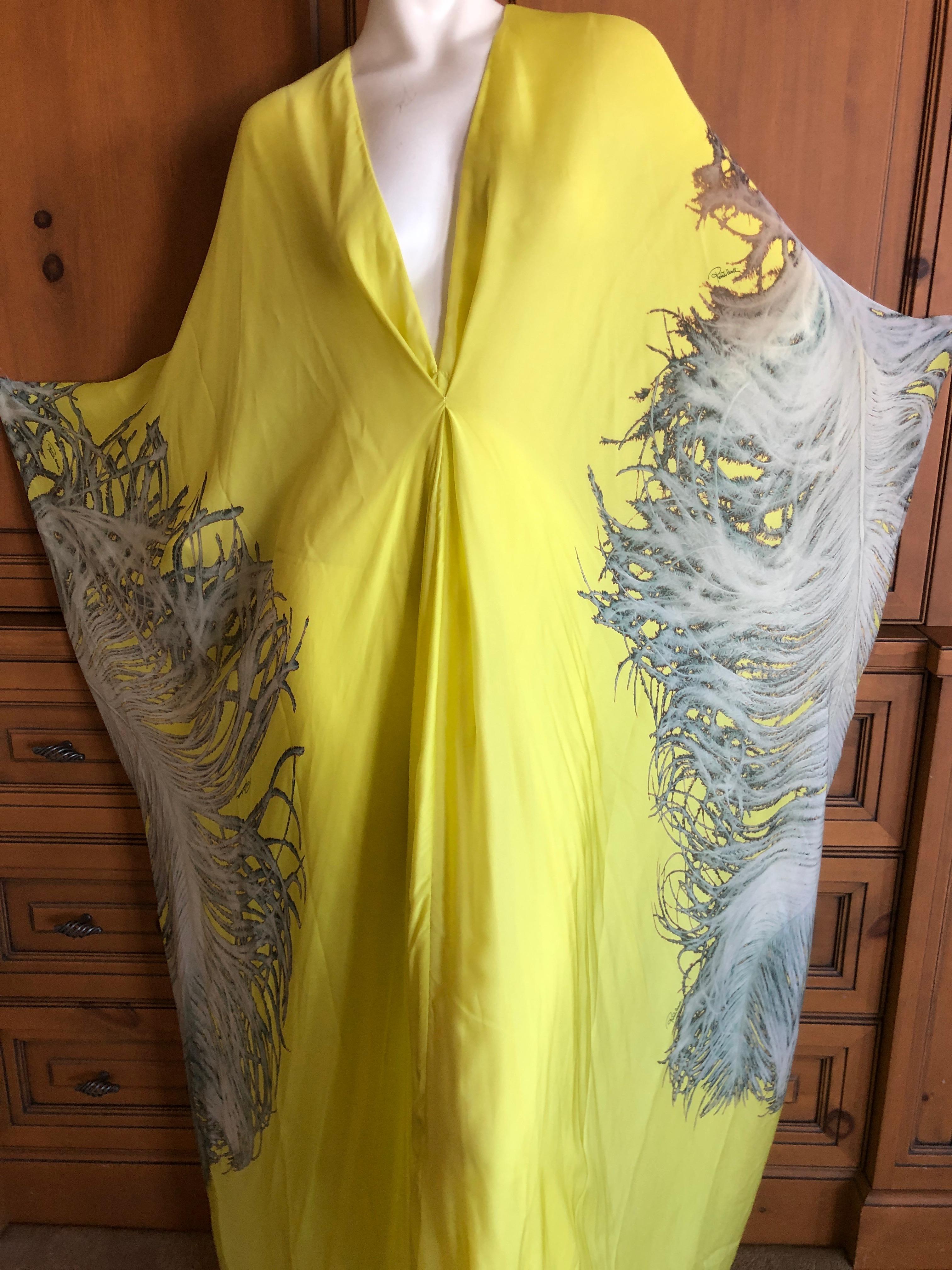 Roberto Cavalli Feather Print Yellow Silk Caftan Dress  In Excellent Condition For Sale In Cloverdale, CA