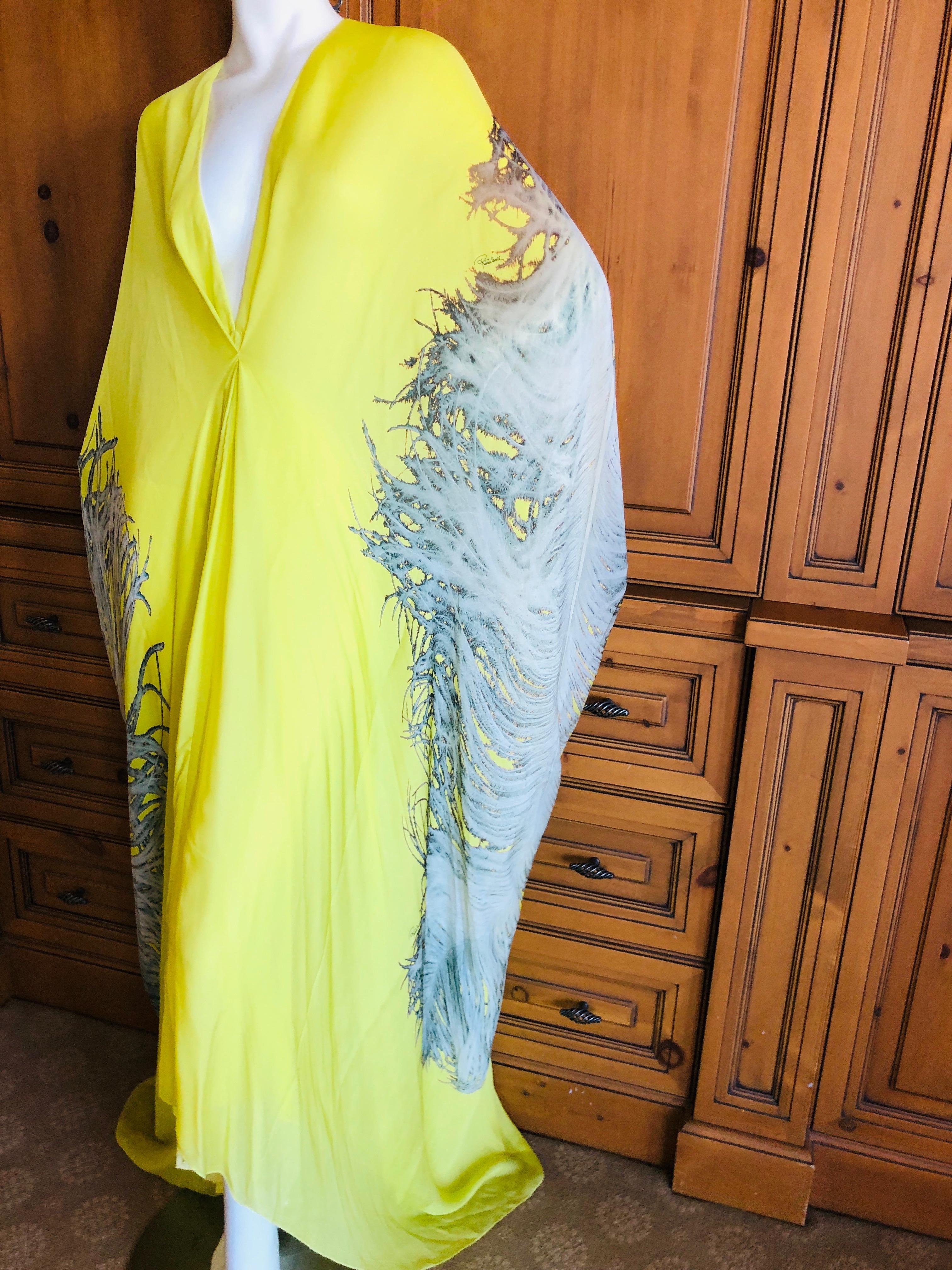 Roberto Cavalli Feather Print Yellow Silk Caftan Dress  For Sale 1