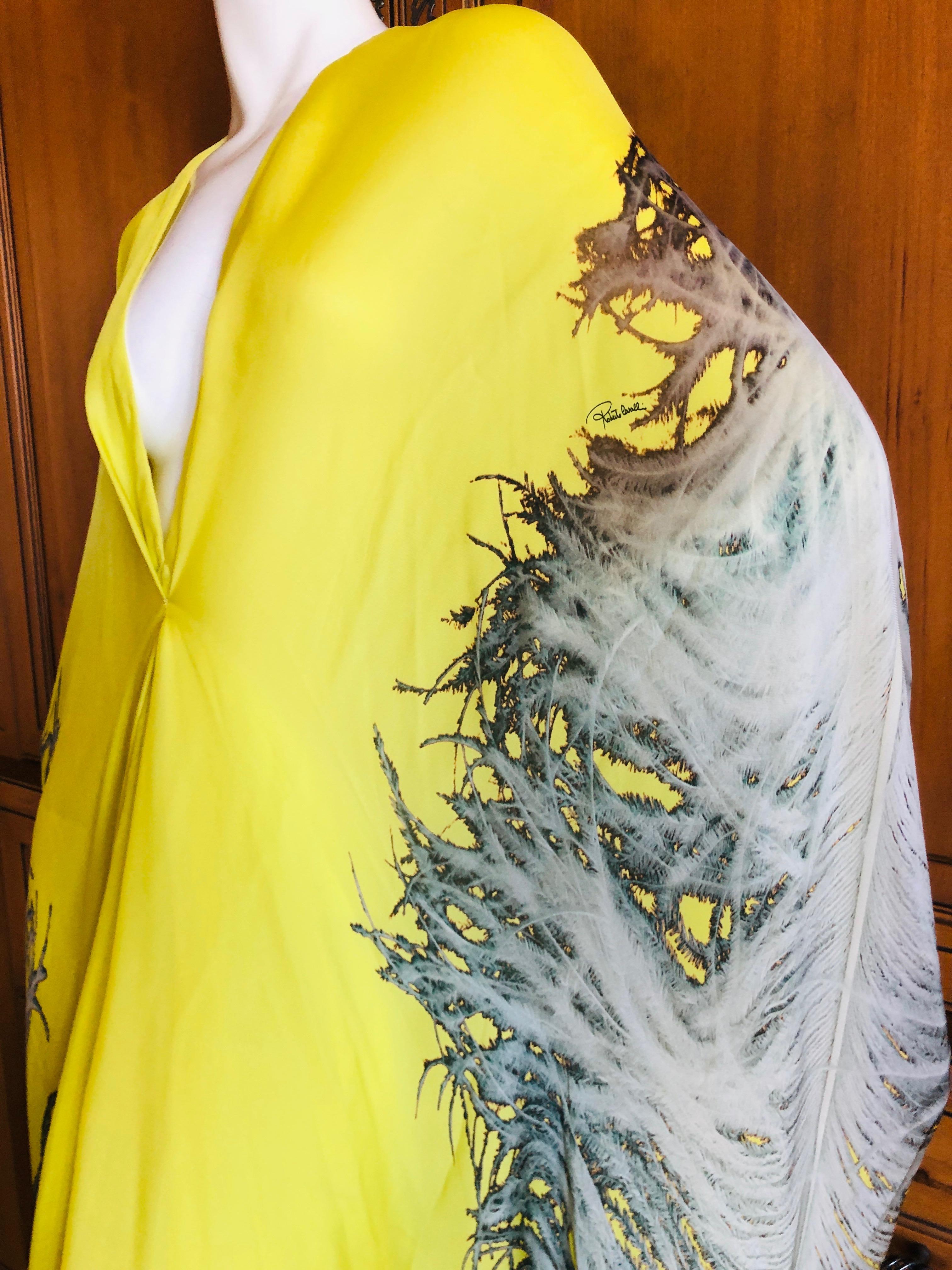 Roberto Cavalli Feather Print Yellow Silk Caftan Dress  For Sale 2