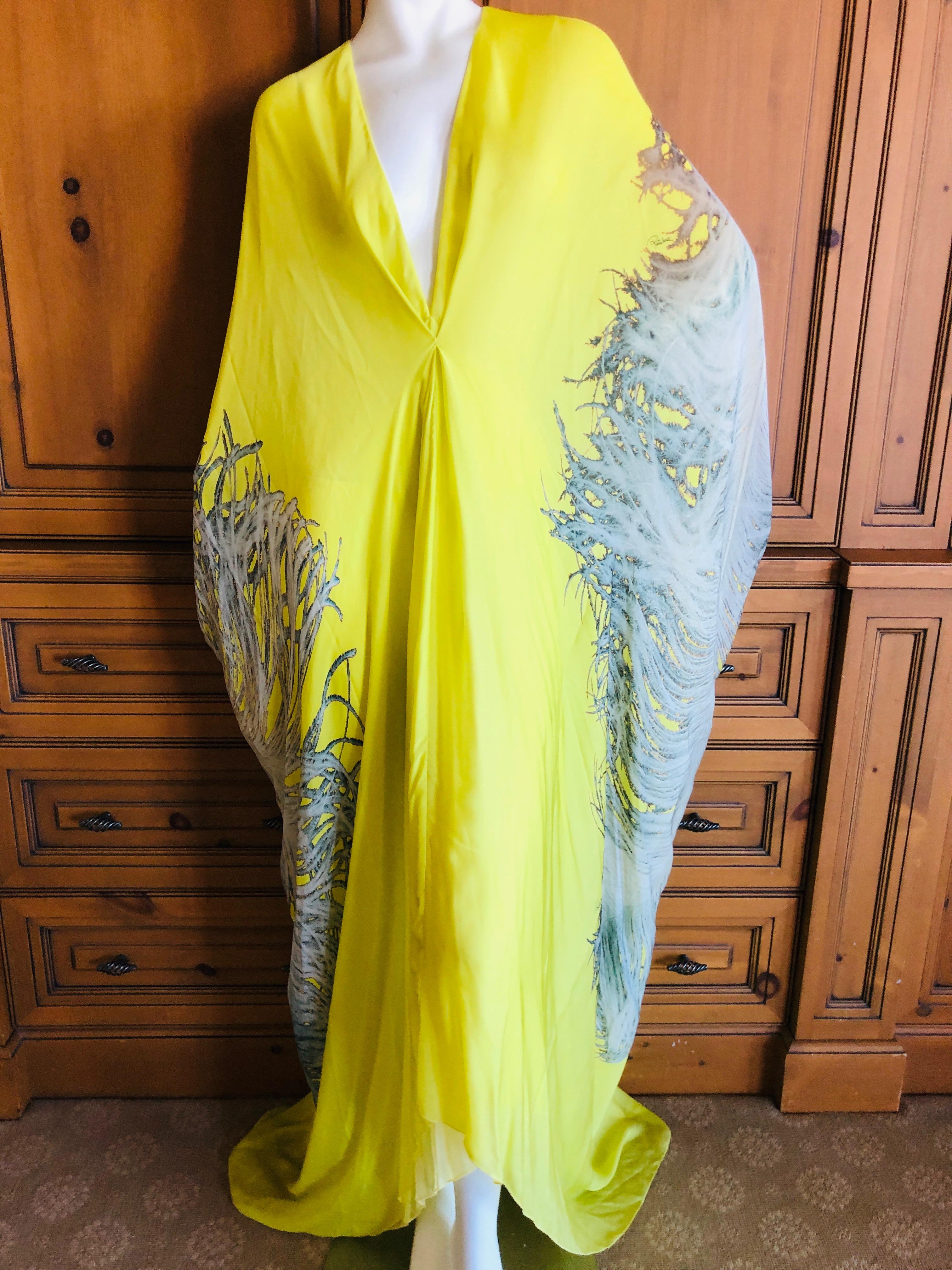 Roberto Cavalli Feather Print Yellow Silk Caftan Dress  For Sale 3