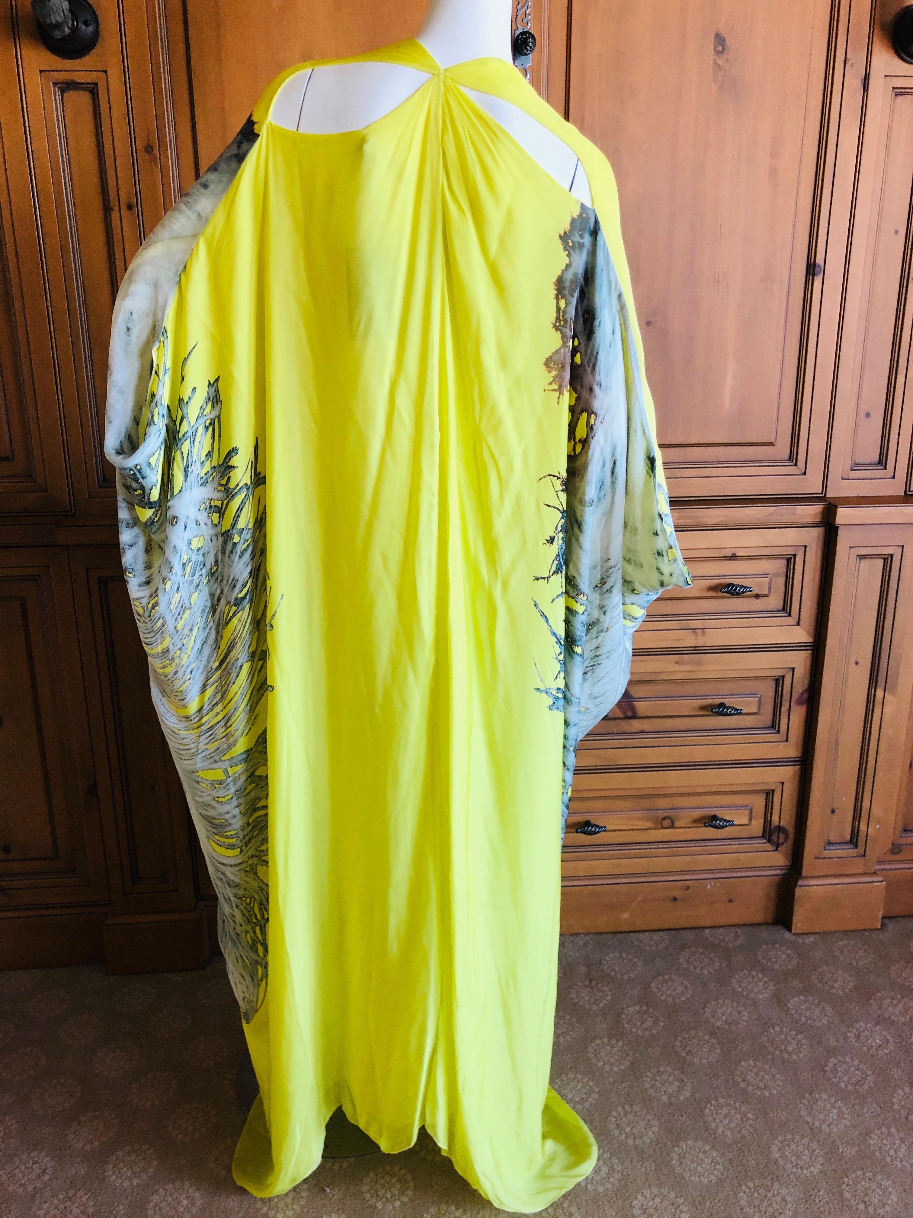 Roberto Cavalli Feather Print Yellow Silk Caftan Dress  For Sale 4