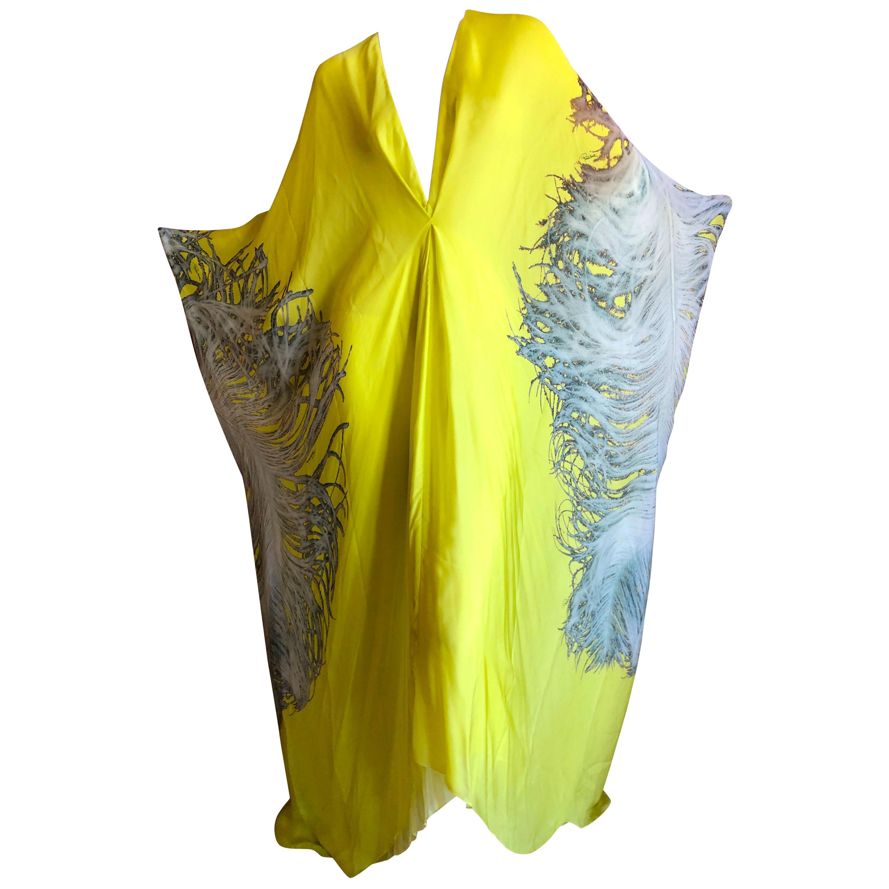 Roberto Cavalli Feather Print Yellow Silk Caftan Dress  For Sale