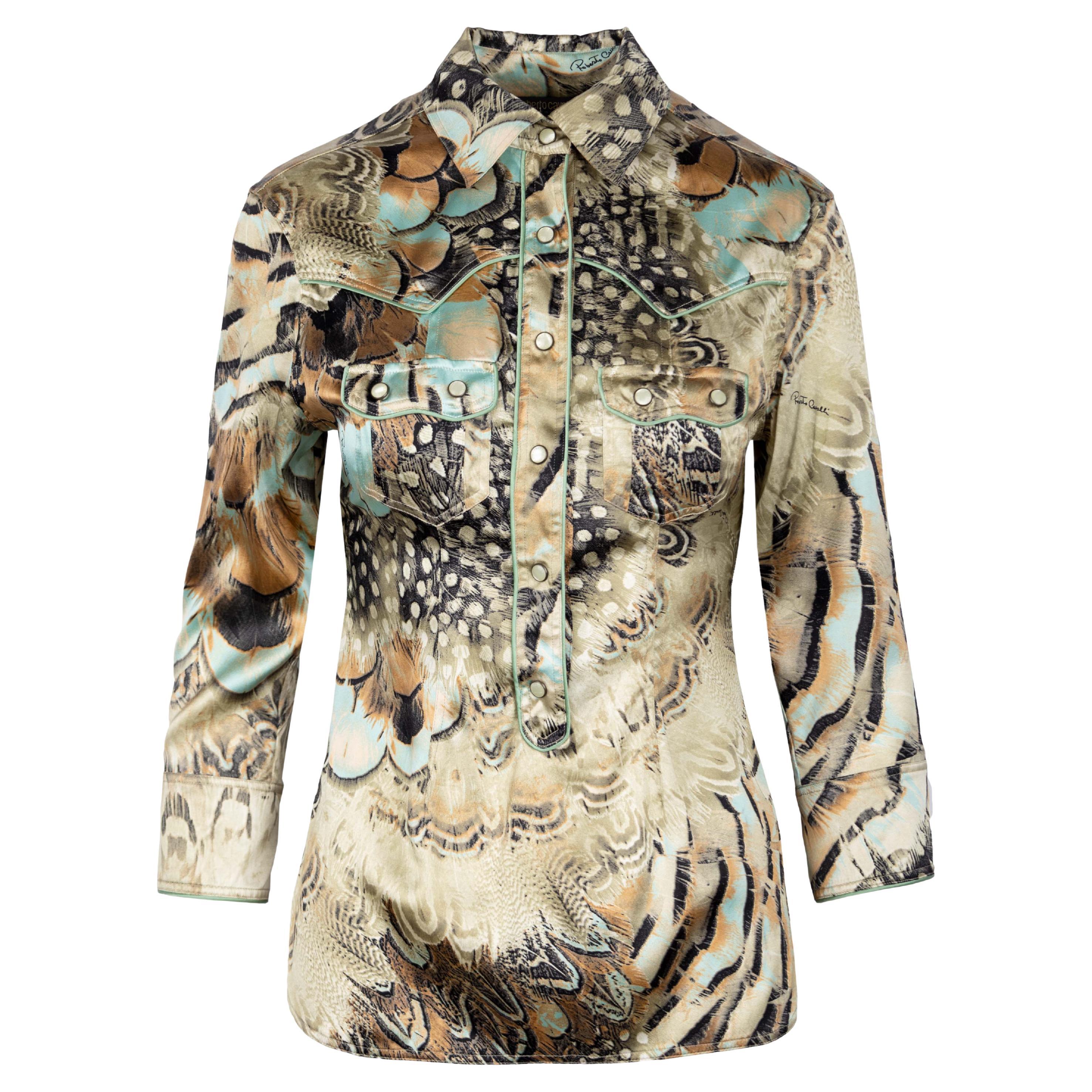 Roberto Cavalli Feather Printed Silk Blouse - '00s For Sale