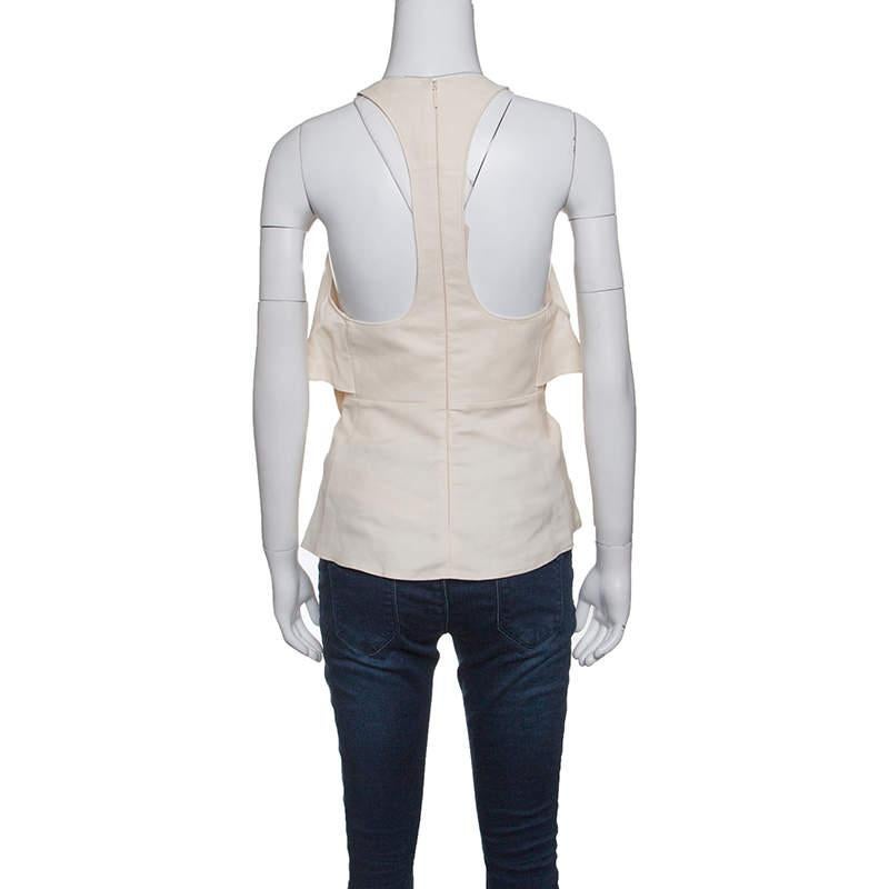 Roberto Cavalli Firenze Beige Linen Ruffled Front Tie Detail Sleeveless Top L In Excellent Condition In Dubai, Al Qouz 2
