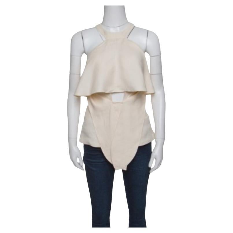 Roberto Cavalli Firenze Beige Linen Ruffled Front Tie Detail Sleeveless Top L en vente