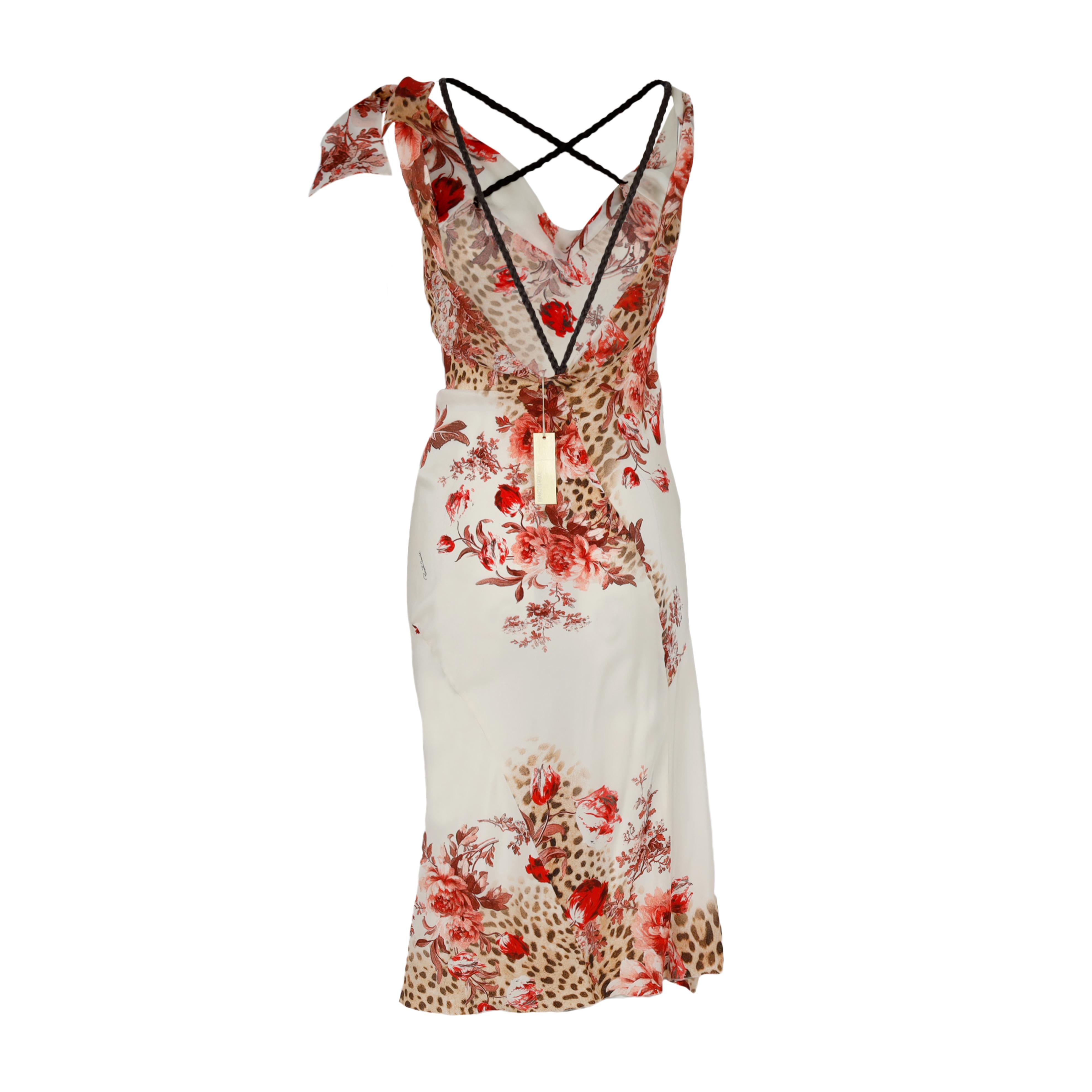 Roberto Cavalli Floral and Leopard Print Braided Strap Dress  For Sale 1