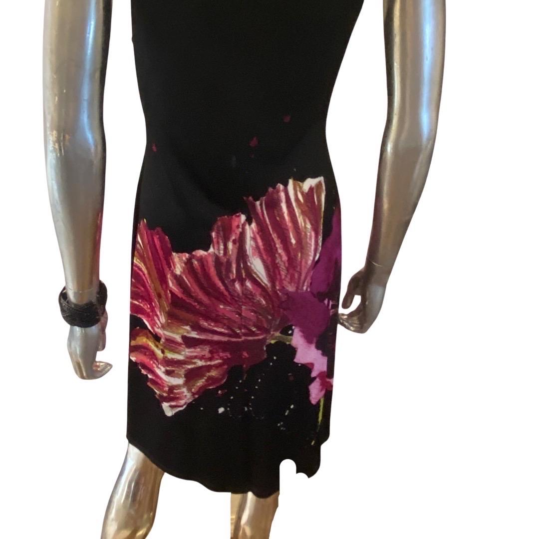 Black Roberto Cavalli Floral Jersey Deep V Neck Sleeveless Dress, Italy. NWT Size 8 For Sale