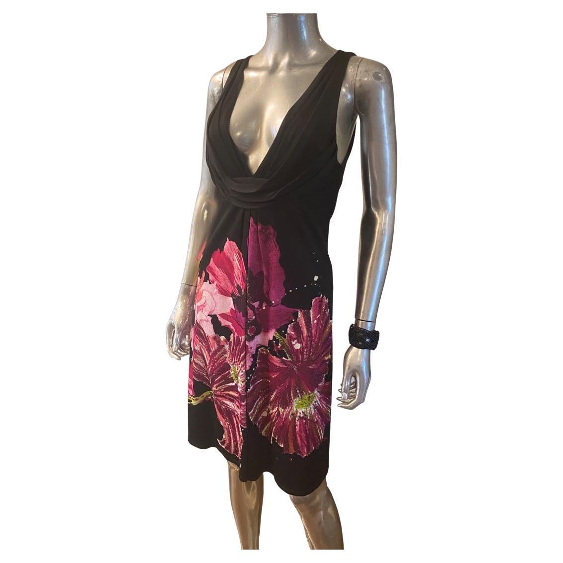 Roberto Cavalli Floral Jersey Deep V Neck Sleeveless Dress, Italy. NWT Size 8 For Sale