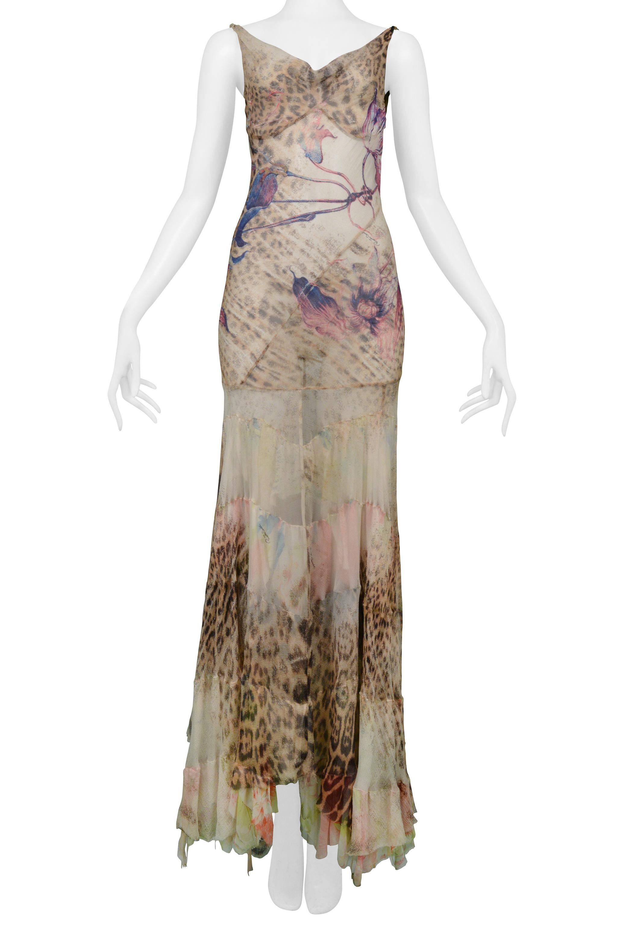 Roberto Cavalli Floral & Leopard Print Evening Gown 2002 In Excellent Condition In Los Angeles, CA