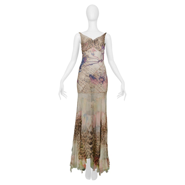 Roberto Cavalli Floral and Leopard Print Evening Gown 2002 For Sale at