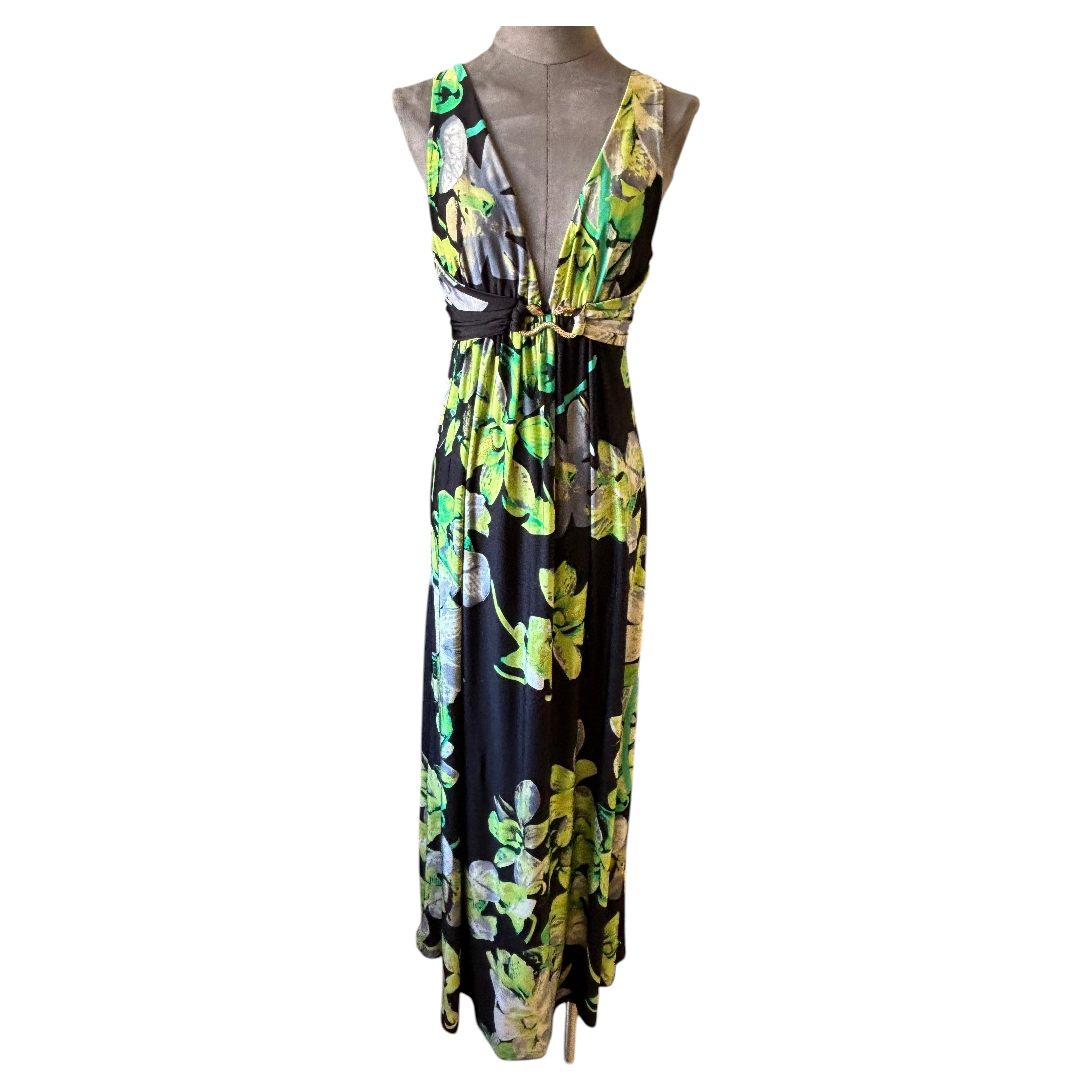 Roberto Cavalli Floral Maxi Dress with Iconic Snake Jewel Detail – Size L