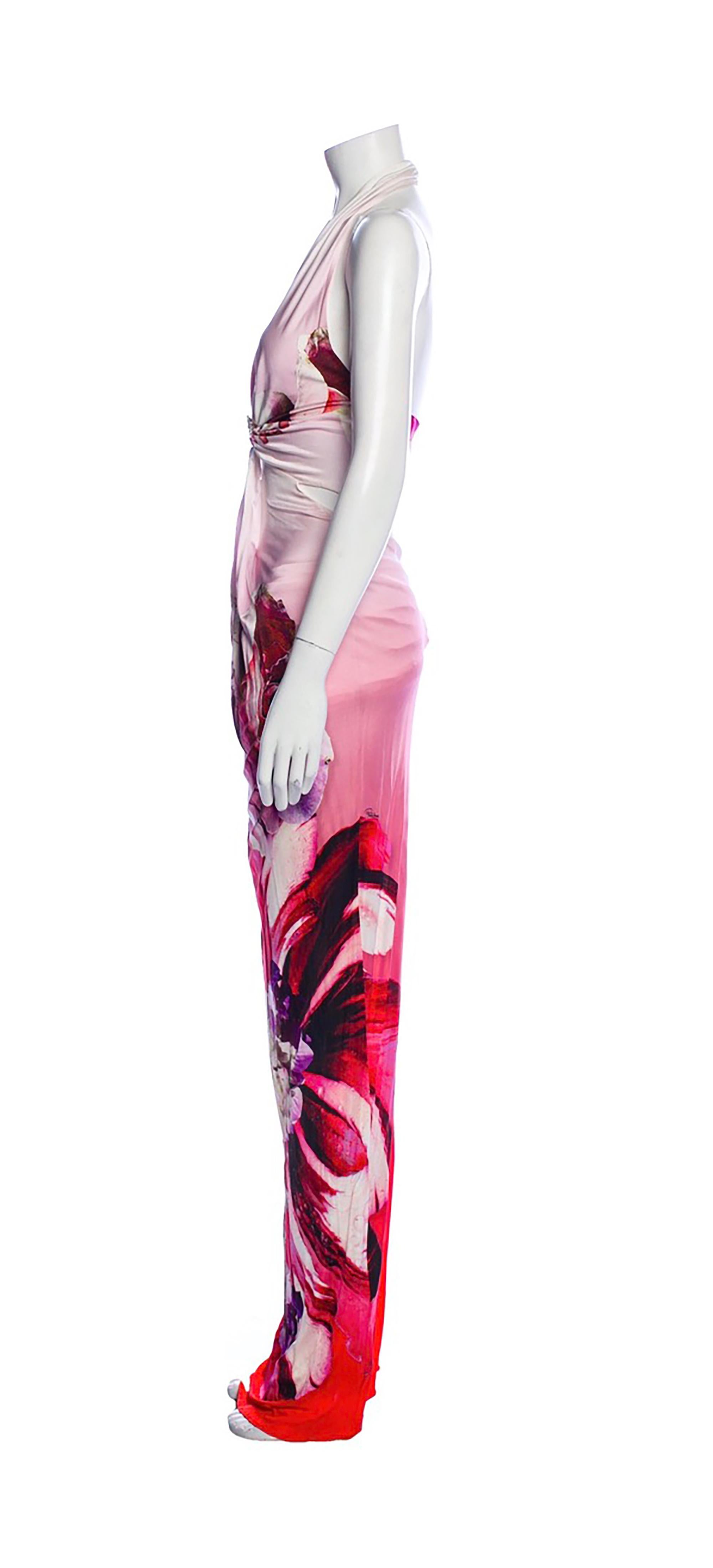 Beige Roberto Cavalli floral print halter gown