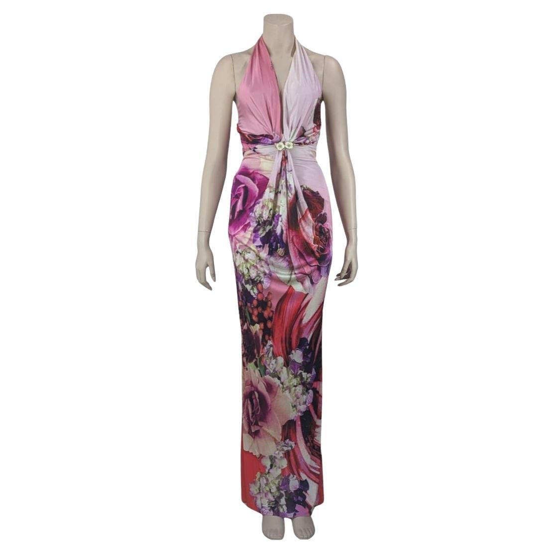 Roberto Cavalli Floral Print Halter Gown For Sale